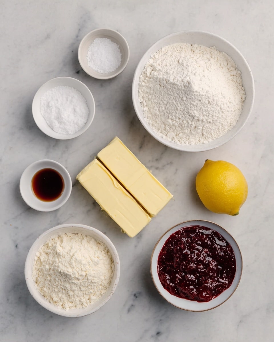 The image shows seven ingredients placed on a white marbled surface, arranged neatly in small white bowls and alongside two sticks of butter and a lemon. The top left has a small bowl of white salt, next to it a larger bowl filled with white powdered sugar. To the right is a bigger white bowl holding white flour with a slightly uneven surface. Below the salt is a small bowl filled with dark brown vanilla extract. Two sticks of yellow butter lie in the center with a bright yellow lemon right above them. Bottom right shows a white bowl full of dark red raspberry jam with visible seeds. photo taken with an iphone --ar 4:5 --v 7
