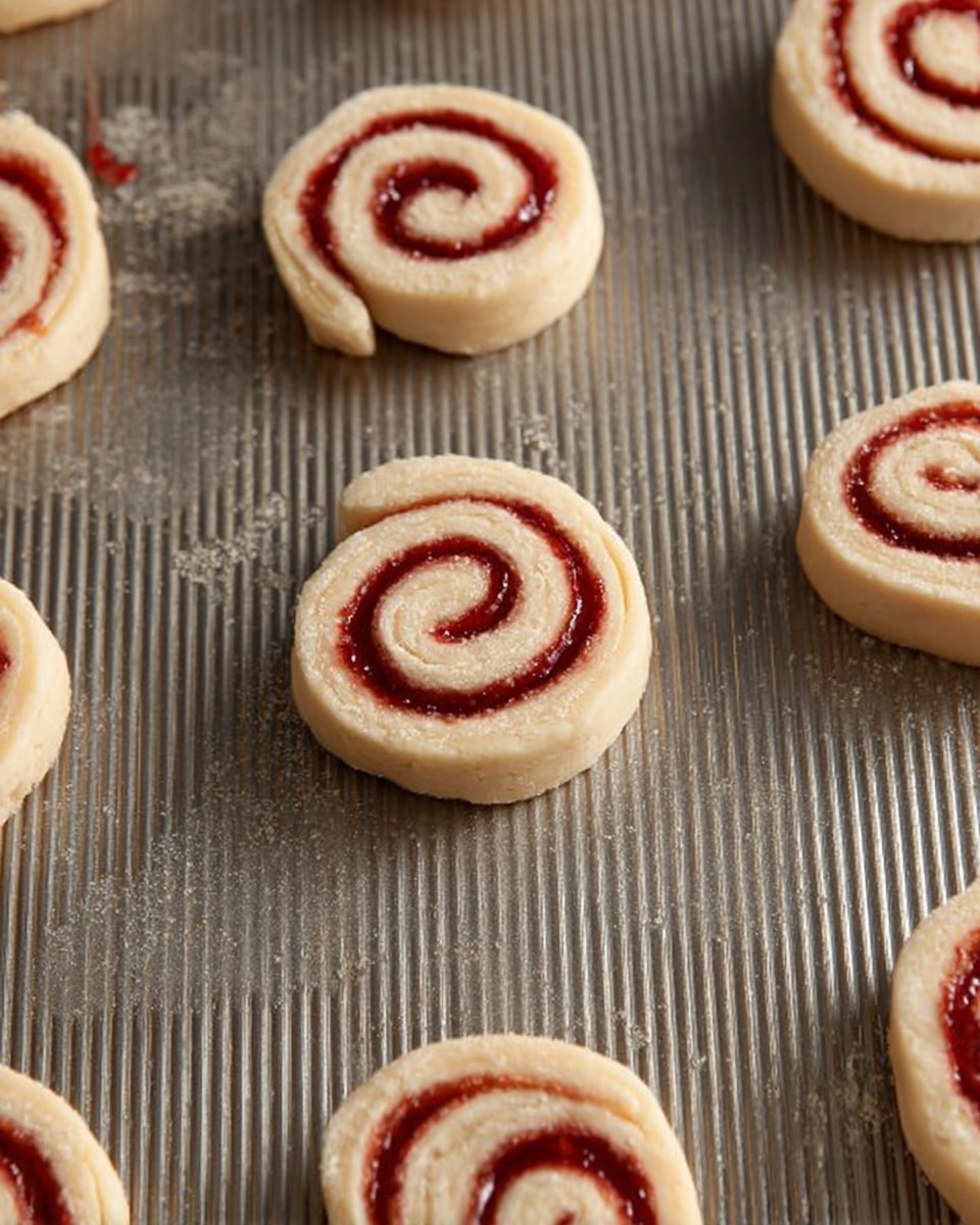 The image shows several small dough spirals on a baking sheet, placed evenly apart. Each spiral has two visible layers: a light beige dough forming the outer and inner parts, and a thin layer of red jam or sauce spiraled inside. The dough looks soft and slightly textured, while the jam adds a shiny, smooth contrast. The baking sheet has a metallic, ribbed surface with some small spills of the jam. The overall arrangement is neat, with each spiral spaced out to prevent them from sticking together during baking. Photo taken with an iphone --ar 4:5 --v 7