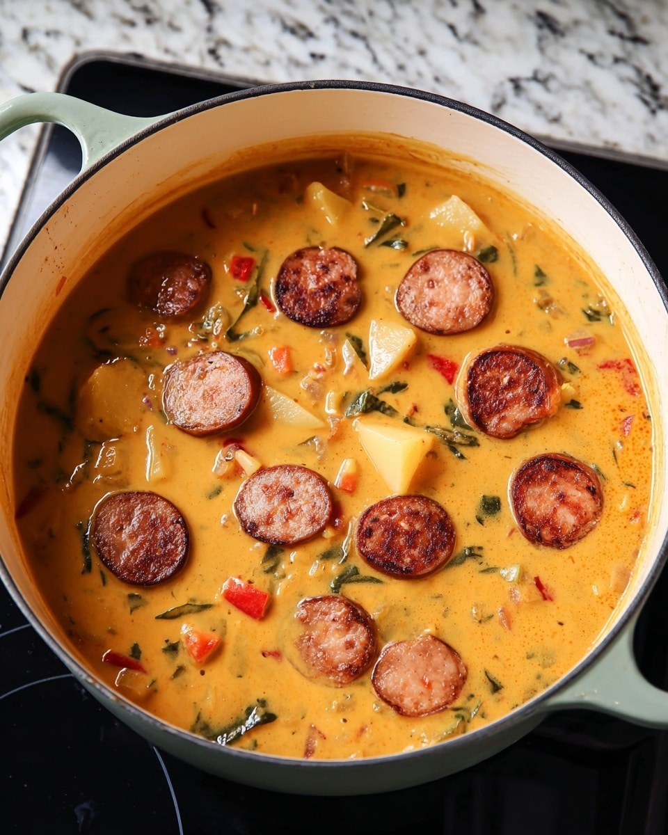 A large white pot filled with a creamy orange soup showing visible chunks of potatoes and small bits of red and green vegetables mixed throughout. On top, evenly spread, are browned slices of sausage that have a crispy, seared texture with pink centers. The pot is placed on a black stovetop, and the background is a white marbled surface. Photo taken with an iphone --ar 4:5 --v 7