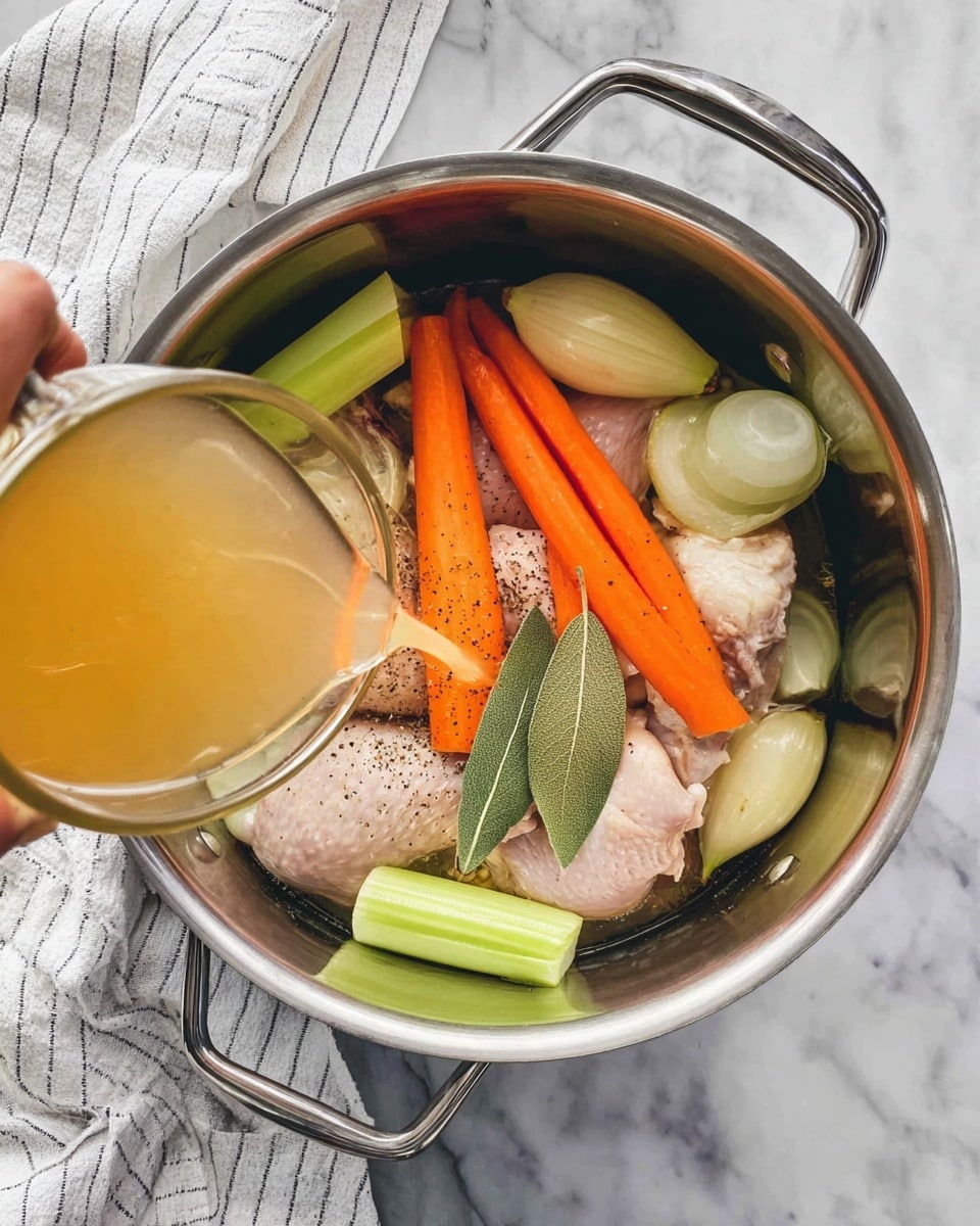 Inside a large steel pot with two handles on a white marbled surface, there are raw chicken pieces placed at the bottom. Around and on top of the chicken, there are several vegetables: three large bright orange carrot pieces, five light green celery sticks, and four beige onion halves with brown skin on top. A woman’s hand is pouring a golden light brown broth from a clear glass measuring cup into the pot. One bay leaf lies on the chicken with black pepper sprinkled on it. A white cloth with thin black stripes is placed next to the pot. Photo taken with an iphone --ar 4:5 --v 7