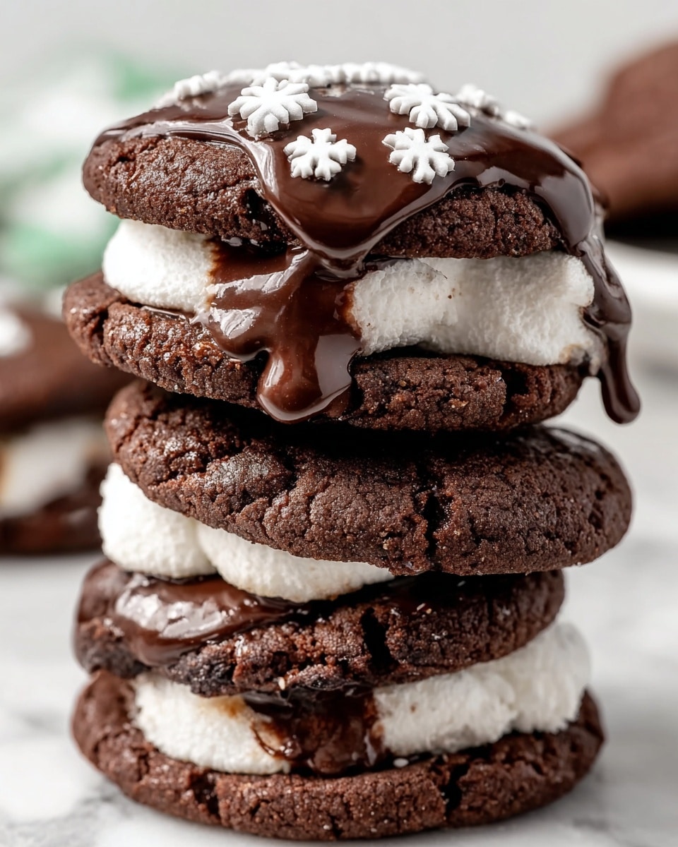 The image shows a stack of three chocolate cookies layered one on top of the other against a white marbled surface. Each cookie is dark brown with a rough, cracked texture. Between the first and second, and the second and third cookies, there is a thick white marshmallow layer. On top of the stack, the marshmallow is partly covered with glossy, smooth dark chocolate that drips down the cookie edges. The chocolate on the top marshmallow is decorated with small white snowflake-shaped sprinkles. Photo taken with an iphone --ar 4:5 --v 7