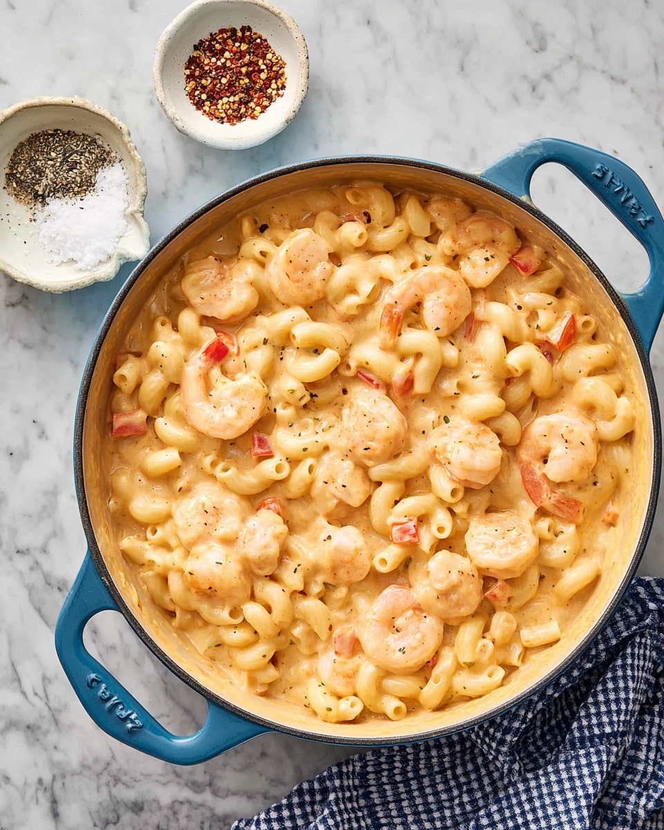 A blue pot filled with creamy macaroni pasta in a thick light orange sauce, mixed with round shrimp and small pieces of red bell pepper, showing a smooth and rich texture. Two small white bowls with spices, one with black and red pepper flakes and the other with salt, sit above the pot on a white marbled surface. Part of a blue and white checkered cloth is visible at the bottom right corner. photo taken with an iphone --ar 4:5 --v 7
