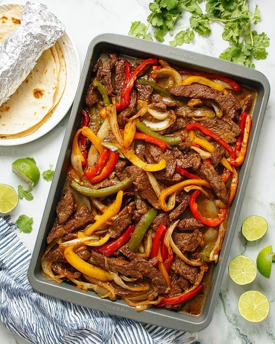 A gray baking tray is filled with cooked strips of dark brown beef mixed with slices of red, yellow, and green bell peppers and thin pieces of white onion, all soaked in a light brown sauce. To the left, a white plate holds some wrapped tortillas topped with foil, and scattered around the tray are fresh green leaves of cilantro and two lime halves. The surface beneath everything is white with a marbled texture, and a striped blue and white cloth lies nearby. Photo taken with an iphone --ar 4:5 --v 7