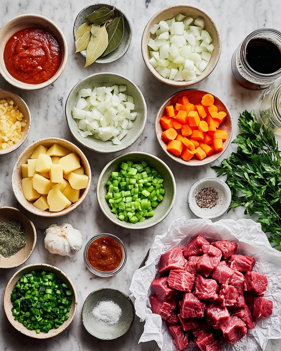 The image shows many bowls and plates with different ingredients on a white marbled surface. In the center right, there is a pile of raw red meat cubes on white paper. Around it, there are chopped white onions in a beige bowl, cubed orange carrots in a dark bowl, chopped green celery in a gray bowl, and cut green beans in a white bowl. To the left, there are quartered light yellow potatoes in a beige bowl and large orange carrot pieces in a speckled bowl. Small bowls hold minced garlic, fresh green herbs, two green bay leaves, ketchup-like red paste, white flour, oil, a dark sauce, salt, pepper, and a white powder. There is also fresh green parsley on the right side and a jar with a dark liquid. The colors are bright, fresh, and natural. photo taken with an iphone --ar 4:5 --v 7