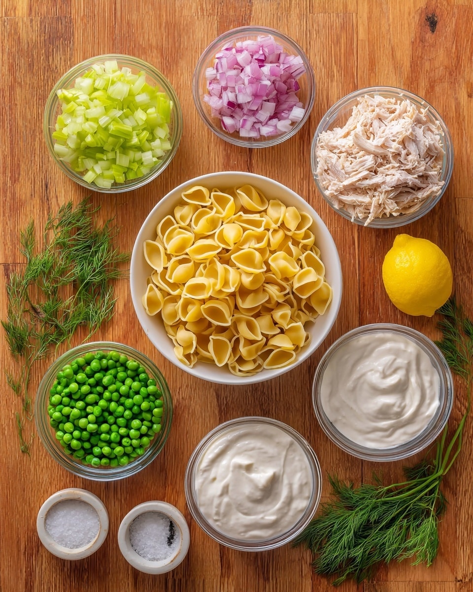 The image shows several white bowls and small containers arranged on a warm wooden surface with a white marbled texture. At the center, there is a white bowl filled with yellow shell-shaped pasta. To its top left is a bowl with small, diced celery pieces, and above that is a small bowl of finely chopped red onions. At the center top right, there's a bowl full of shredded chicken. On the left bottom side, a bowl has frozen green peas, while next to it on the right is a clear glass bowl with smooth white cream. To the right of the pasta bowl is another glass bowl filled with a thick white sauce. Below, there are small white round containers holding salt, pepper, and a whole bright yellow lemon. A few fresh sprigs of green dill lie on the left side. The photo taken with an iphone --ar 4:5 --v 7