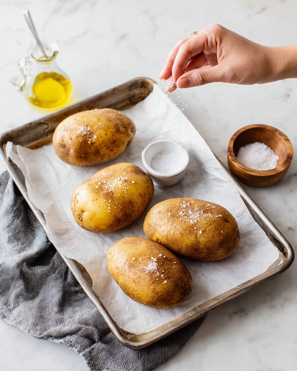 Four whole potatoes with brown textured skin sit on white parchment paper on a metal baking tray. Each potato is sprinkled with coarse salt, showing a light white grainy texture on their tops. A woman's hand is sprinkling more salt onto one potato, holding a small white bowl filled with salt with the other. Near the tray, there is a small glass jar of olive oil and a small wooden bowl with salt inside, all placed on a white marbled surface. A gray cloth is casually laid under the tray. photo taken with an iphone --ar 4:5 --v 7