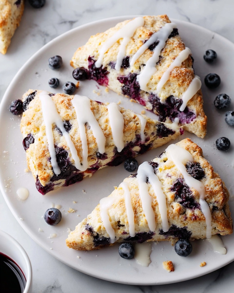 Three triangular blueberry scones are placed on a white plate over a white marbled surface. Each scone has a golden brown top with a slightly rough texture, embedded with whole dark purple blueberries, some of which have slightly burst, leaving purple stains. White icing is drizzled in thick, uneven stripes over the top of each scone. Crumbs and smudges of blueberry juice are scattered around the plate. Photo taken with an iphone --ar 4:5 --v 7
