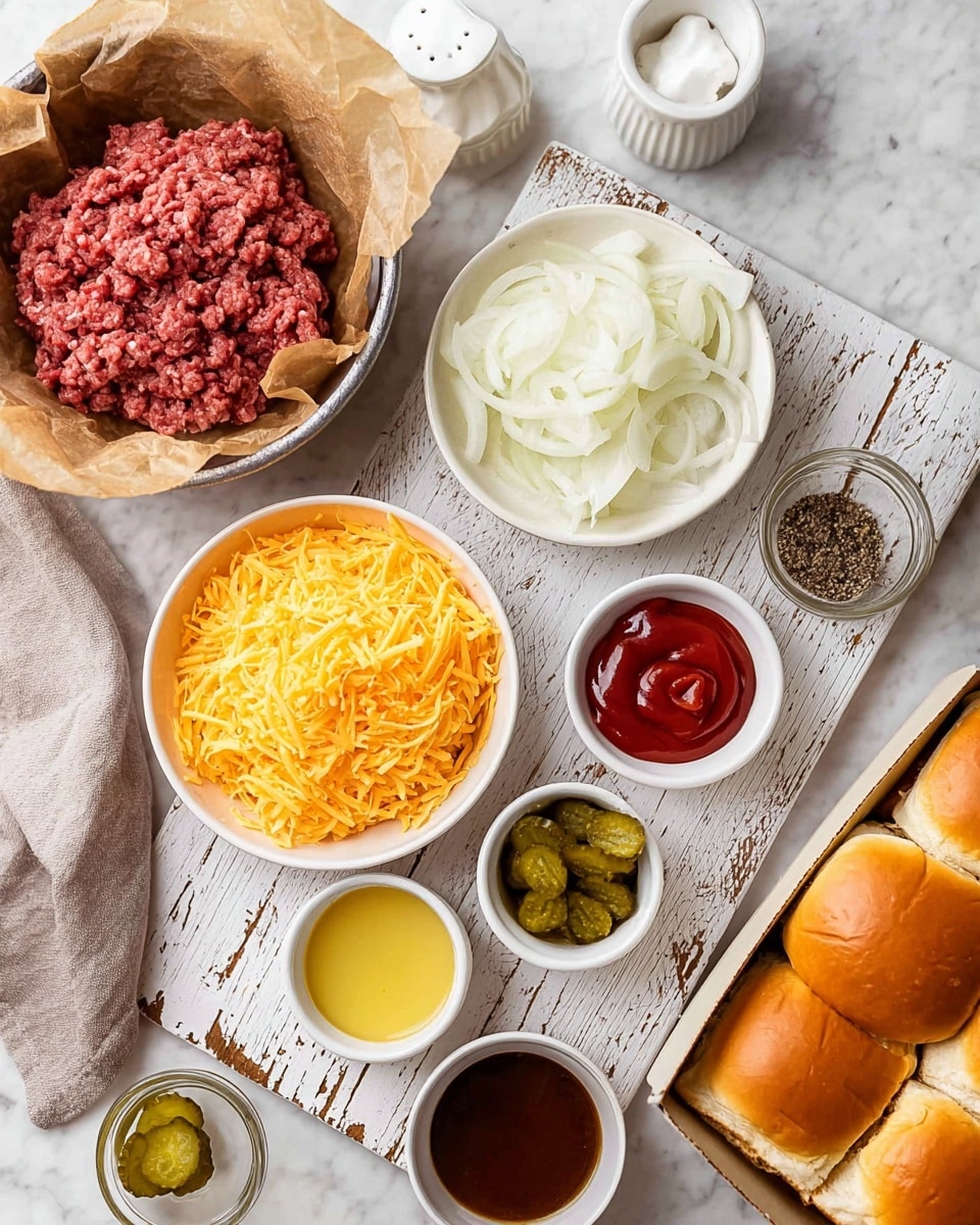 A collection of ingredients arranged on a white marbled surface, including a round metal bowl lined with brown parchment paper filled with raw ground beef at the top left. Below it, a white bowl filled with bright orange shredded cheese. To the right of the cheese, a white bowl with thinly sliced white onions. A small round white bowl with red ketchup and white mayonnaise side by side is placed near the top right. In the center on a white distressed wooden board, three small bowls hold green crinkle-cut pickles, salt and black pepper, and a dark brown sauce. Near the bottom right are small white ramekins filled with a pale yellow liquid and melted butter. In the bottom right corner, there is a partially visible white box with soft, golden brown slider buns. Photo taken with an iphone --ar 4:5 --v 7