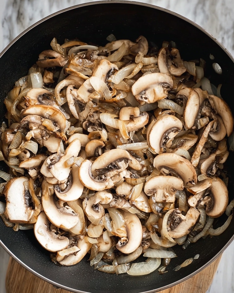 A black pan filled with cooked sliced white mushrooms showing light brown edges, mixed with soft translucent diced onions. The mushrooms have a slightly wet texture and are layered close together with the onions scattered evenly throughout. The pan sits on a white marbled surface. photo taken with an iphone --ar 4:5 --v 7