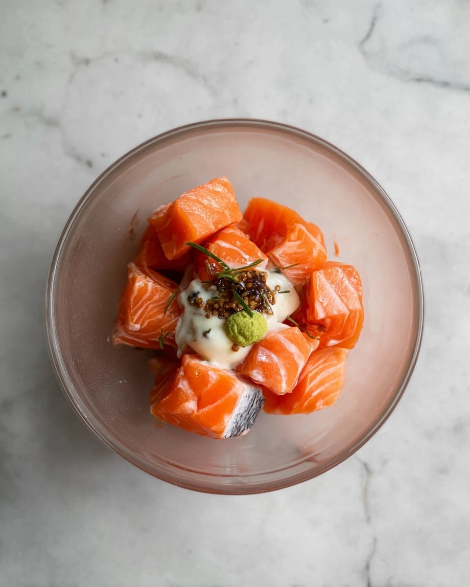 A clear bowl holds several medium-sized cubes of bright orange salmon with white lines and some pieces showing grey skin patches, all resting at the bottom. On top of the salmon cubes is a dollop of creamy white sauce mixed with a small amount of green paste and dark brown liquid, giving a contrast in texture and color. The bowl is placed on a white marbled surface, creating a clean and soft background. photo taken with an iphone --ar 4:5 --v 7