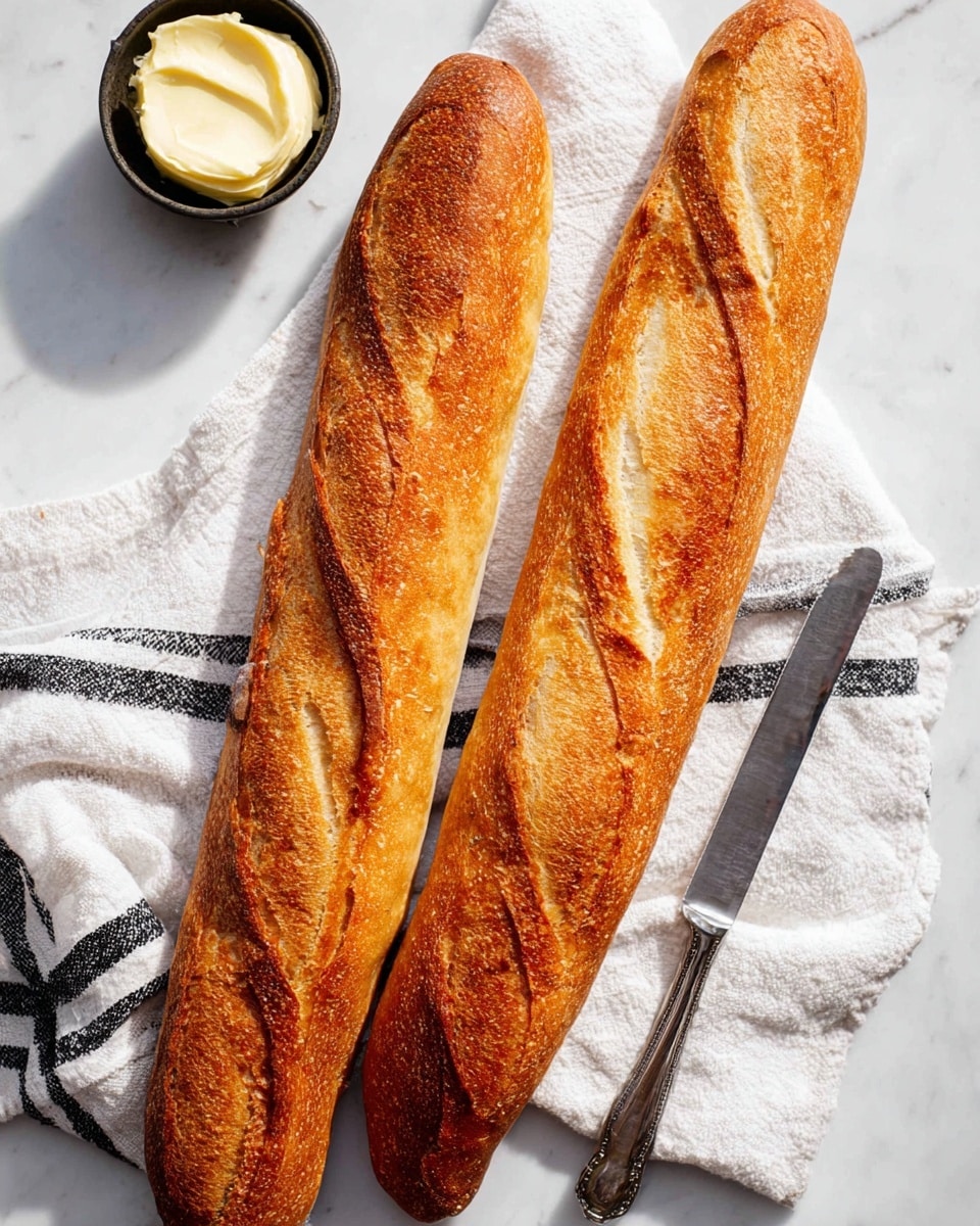 The image shows two long golden-brown baguettes with a crispy crust placed on a wooden board over a white marbled surface. One baguette is whole, while the other is broken into two pieces, revealing a soft, fluffy white inside with a chewy texture. In the background, a small dark bowl filled with cream-colored butter is slightly blurred, and pieces of torn bread are scattered on the board. The lighting highlights the warm color and texture of the bread, and the setting is simple and cozy. photo taken with an iphone --ar 4:5 --v 7