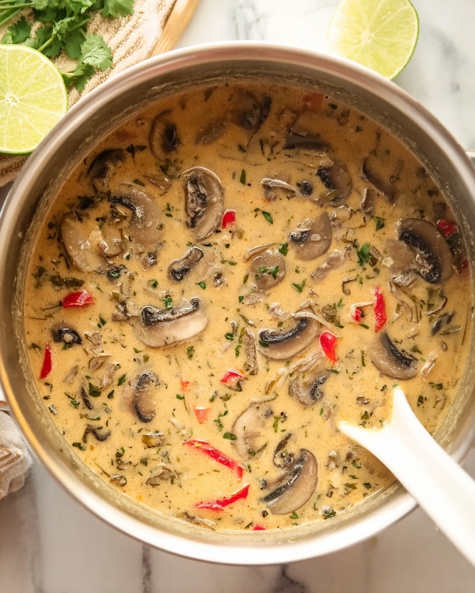The image shows a pot filled with creamy mushroom soup. The soup has many sliced mushrooms floating in a light brown creamy liquid with bits of green herbs and small pieces of red bell pepper mixed throughout. There is a white spoon dipped into the soup on the right side. The pot sits on a white marbled surface with a piece of lime and some green herbs visible in the background. Photo taken with an iphone --ar 4:5 --v 7
