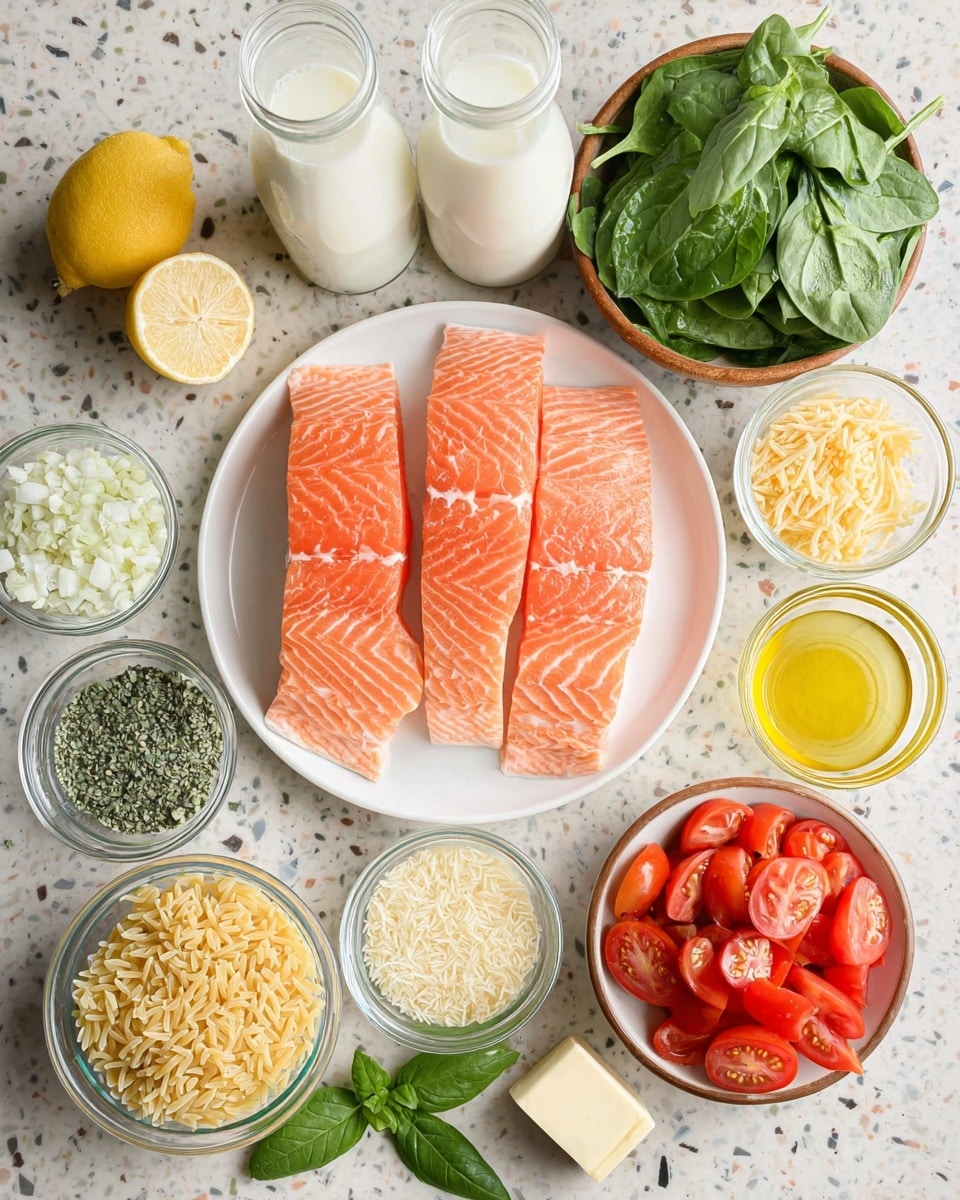 The image shows a top view of fresh cooking ingredients arranged neatly on a white marbled surface. In the center, a white plate holds four thick, pink salmon fillets with visible white lines. Surrounding the plate are small glass bowls containing various ingredients: finely chopped white onions, green dried herbs, black pepper, shredded pale yellow cheese, and light yellow olive oil. To the right, there is a white bowl filled with halved red grape tomatoes. Above the salmon, a round brown bowl holds dry orzo pasta, and next to it is a clear bowl filled with bright green fresh spinach leaves. Half a lemon is cut and placed above the salmon, with a small bowl of minced ginger nearby. A white stick of butter and fresh green basil leaves are laid out below the salmon. Two glass bottles at the top contain white milk and light yellow broth. The overall setup is clean and organized, ready for preparation, photo taken with an iphone --ar 4:5 --v 7