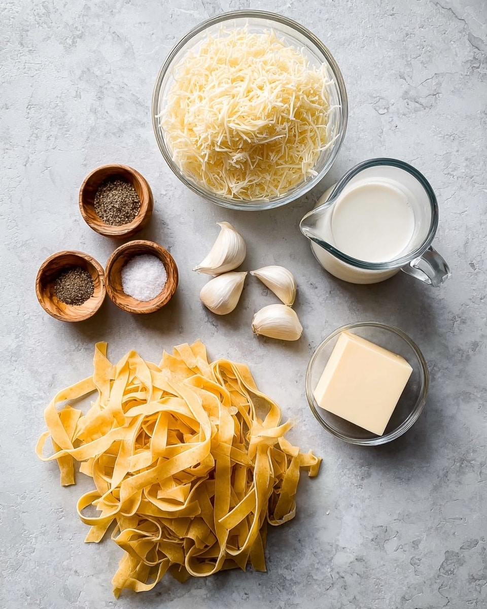 The image shows a white marbled surface with various ingredients arranged neatly. At the bottom center, there is a small pile of uncooked wide yellow pasta strips with a slightly rough texture. Above the pasta, there are four whole garlic cloves with smooth white skins scattered in a small cluster. To the right of the garlic, there is a small clear glass jug filled with white liquid. Above the garlic and jug, there is a clear glass bowl filled with finely shredded pale yellow cheese. To the top left of the cheese bowl, there are three small wooden bowls arranged in a triangle, each containing a different spice: one with black pepper, one with a brown spice, and one with coarse salt. To the right of those bowls, there is a small clear glass bowl with a solid white square of butter inside. The whole scene is bright with soft natural light. photo taken with an iphone --ar 4:5 --v 7