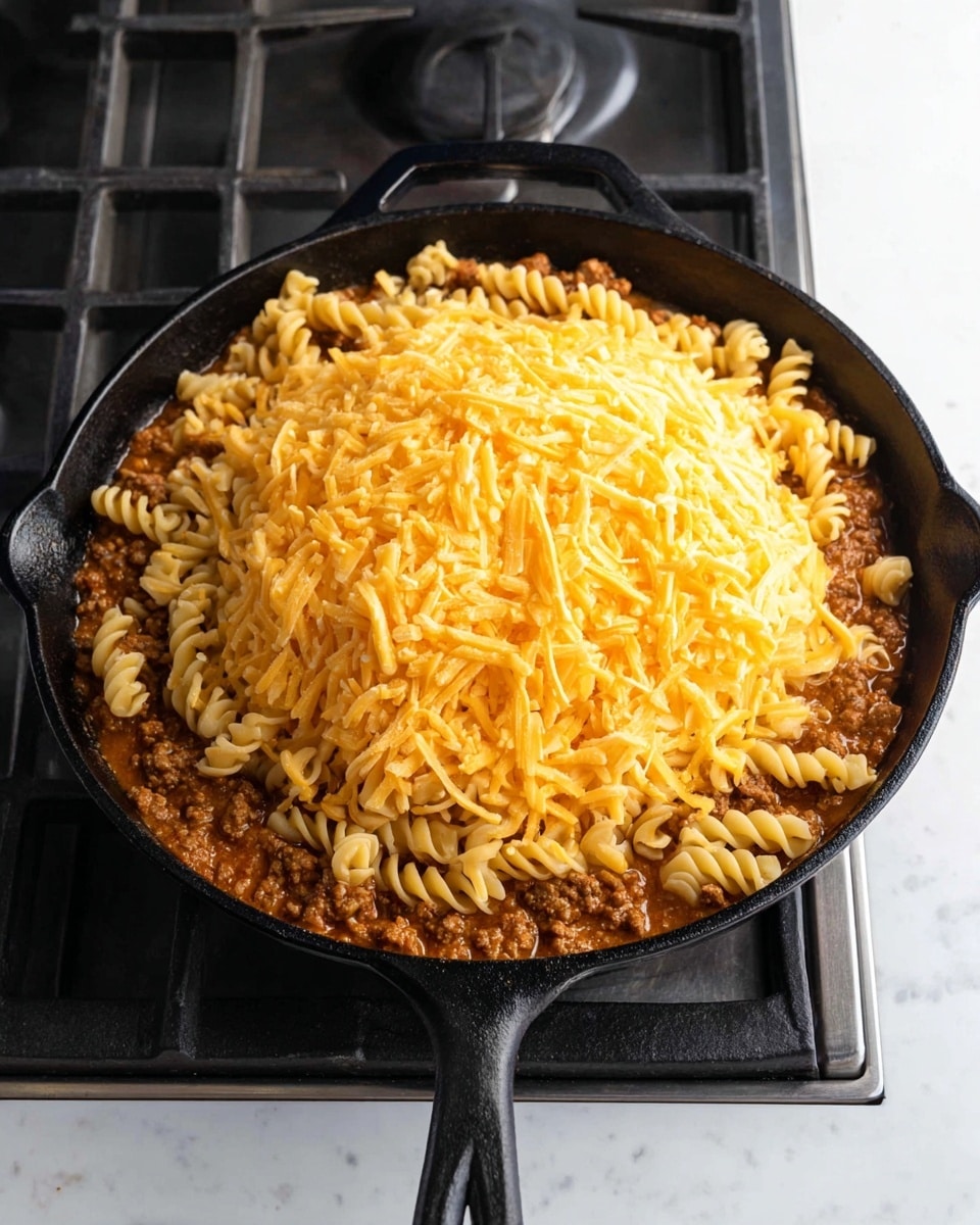 In a black cast iron pan on a stove with a white marbled background, there are three visible layers. The bottom layer is a thick, brownish meat sauce with visible chunks. The middle layer consists of a spiral pasta, light beige in color, scattered evenly on top of the sauce. The top layer is a generous pile of shredded yellow cheese, centered in the pan and filling an area just over the middle. The pan handle points away from the viewer. photo taken with an iphone --ar 4:5 --v 7