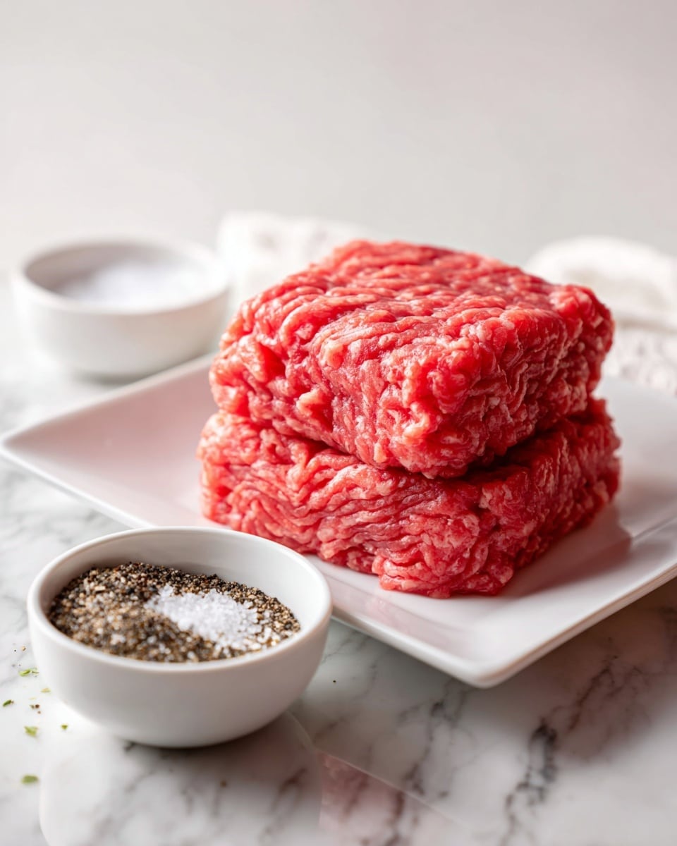 Two thick layers of raw ground meat with bright red and pink colors and a rough, wavy texture are stacked on a white square plate. Below the plate is a white marbled surface. In front of the plate, there are two small white round bowls: one filled with ground black pepper and the other with fine white salt. The image is bright and clean, showing clear details of the meat and spices. photo taken with an iphone --ar 4:5 --v 7
