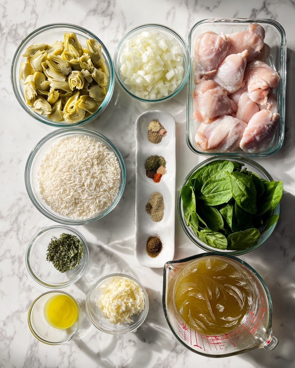 The image shows several clear glass bowls and small white bowls on a white marbled surface, each holding different cooking ingredients. Starting from the top left, there is a bowl filled with chopped artichoke hearts in pale green and yellow shades. Below it is a bowl containing white diced onions. In the center, a bowl of uncooked white rice is placed. To the right of the rice bowl, another bowl holds bright green fresh spinach leaves. Next to the spinach is a clear plastic tray with four raw chicken thighs, pink with some white fat. Above the rice bowl, a small white dish displays six different spices in small piles, showing colors like white, light brown, black, green, and red. To the right of the spices, a large glass measuring cup contains light brown broth with a swirling pattern. Below the measuring cup is a small glass bowl with minced garlic, and below the onions are a few small bowls holding olive oil, lemon juice, chopped green herbs, and crumbled white cheese. All ingredients are neatly arranged and bright in color, with light coming from the top left. Photo taken with an iphone --ar 4:5 --v 7