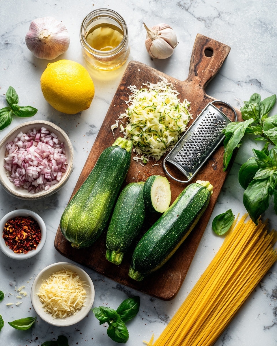 The image shows a wooden cutting board on a white marbled surface with three whole green zucchinis, one half zucchini, and grated zucchini next to a metal grater on the board. To the left of the board are a yellow lemon, a small glass jar with light brown liquid, fresh green basil leaves, garlic bulbs, and a glass bowl with finely chopped light purple shallots. Below the board are a small white bowl filled with red chili flakes and another white bowl with grated pale yellow cheese. To the right of the board is a bundle of uncooked yellow spaghetti with some fresh green mint leaves scattered around. The photo taken with an iphone --ar 4:5 --v 7