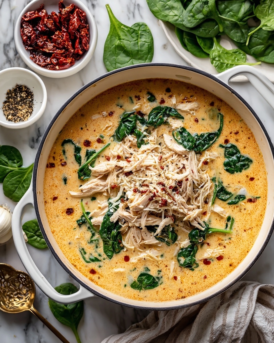 A white pot filled with three layers: at the bottom, a creamy orange sauce with visible melted cheese chunks; the middle layer is fresh bright green spinach leaves spread evenly; on top, shredded white chicken piled in the center. Around the pot on a white marbled surface, there are fresh spinach leaves, a small white bowl with sun-dried tomatoes in oil, a small white bowl with black pepper, garlic cloves, and a light-colored cloth. Photo taken with an iphone --ar 4:5 --v 7