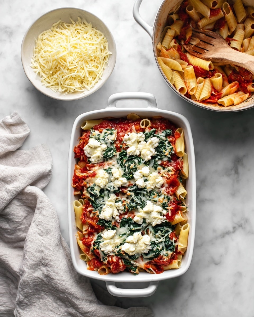 A white rectangular baking dish holds a pasta dish with several layers visible: the bottom layer is short tube pasta mixed with red tomato sauce and pieces of cooked spinach, on top there are scattered small dollops of white ricotta cheese and more cooked spinach placed evenly across. Next to the baking dish, a white round bowl contains shredded pale yellow cheese, and to the right, a white pot full of pasta mixed with tomato sauce and spinach with a wooden spatula resting inside. The whole scene is set on a white marbled surface with a light gray cloth nearby. photo taken with an iphone --ar 4:5 --v 7