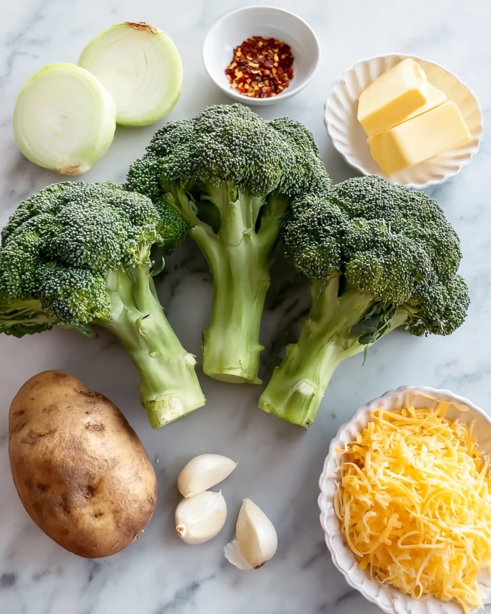 The image shows fresh broccoli with three large heads placed on a white marbled surface, each having a thick green stem with leafy parts. Next to the broccoli, there is a whole potato of brown color with a rough texture. Four peeled garlic cloves sit in front of the broccoli and potato. On the left side, there are two halves of a yellow onion, revealing their layers and smooth surface. Nearby, a small white scalloped bowl holds two yellow slices of butter, and behind it, a small white round bowl contains crushed red chili flakes. On the bottom right, a white bowl is filled with shredded yellow cheese, visible in soft, curly strands. photo taken with an iphone --ar 4:5 --v 7