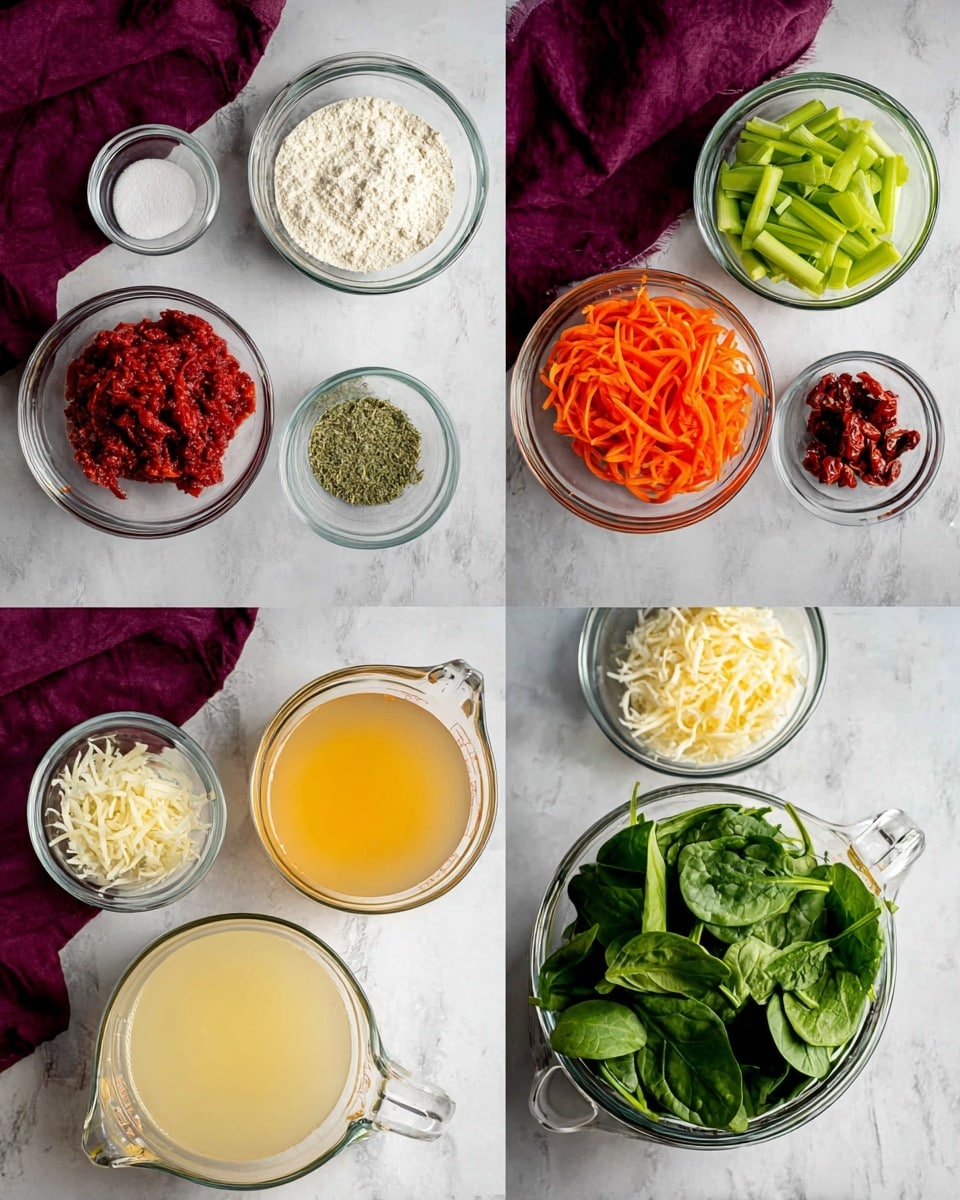 This image shows four groupings of clear glass bowls with various cooking ingredients arranged neatly on a white marbled surface. The top left grouping has three bowls: the left one holds a deep red paste, the right one contains white flour, and below them is a small white bowl with green dried herbs and white salt. The top right grouping contains four glass bowls: top left has bright green celery slices, top right shows bright orange julienned carrots, bottom left has finely chopped white onion with a bit of minced garlic, and bottom right holds dark red sun-dried tomato pieces. The bottom left grouping features two glass measuring cups filled with yellowish liquid broth placed side by side. The bottom right grouping includes a large glass bowl filled with fresh green spinach leaves, a smaller glass bowl with shredded pale yellow cheese, and another bowl containing creamy light beige liquid. A dark purple cloth is partially visible behind each group. photo taken with an iphone --ar 4:5 --v 7