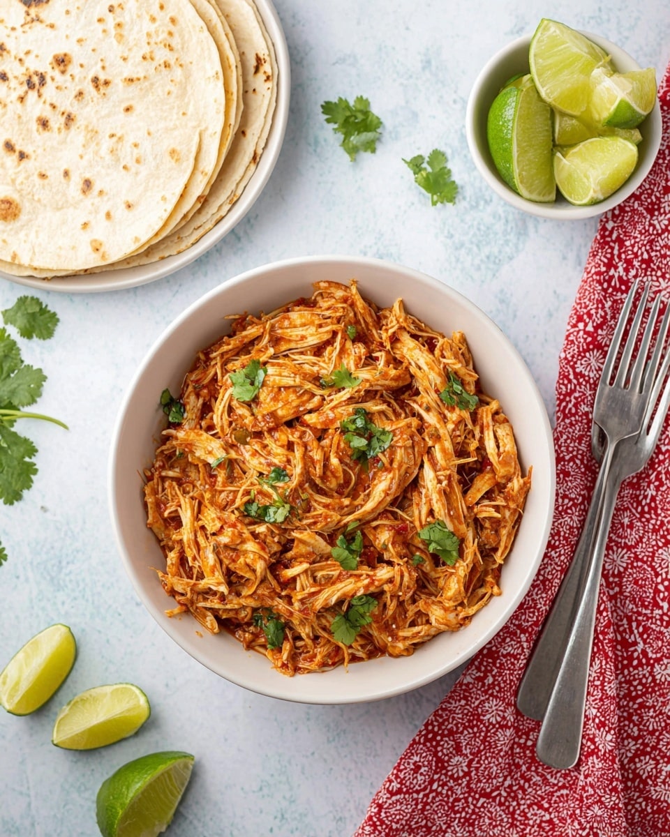 The dish shows a white bowl filled with shredded chicken mixed with reddish-orange sauce, garnished with green cilantro leaves scattered on top. To the upper right side, there is a small white bowl holding four lime wedges and a sprig of cilantro. On the left upper side, there is a stack of four white tortillas with slight brown spots. Two metallic forks lie next to the bowl on the right, resting on a white marbled surface, with a folded red and white patterned cloth nearby. A couple of lime wedges and cilantro leaves are placed on the marbled surface near the bottom left of the bowl. Photo taken with an iphone --ar 4:5 --v 7
