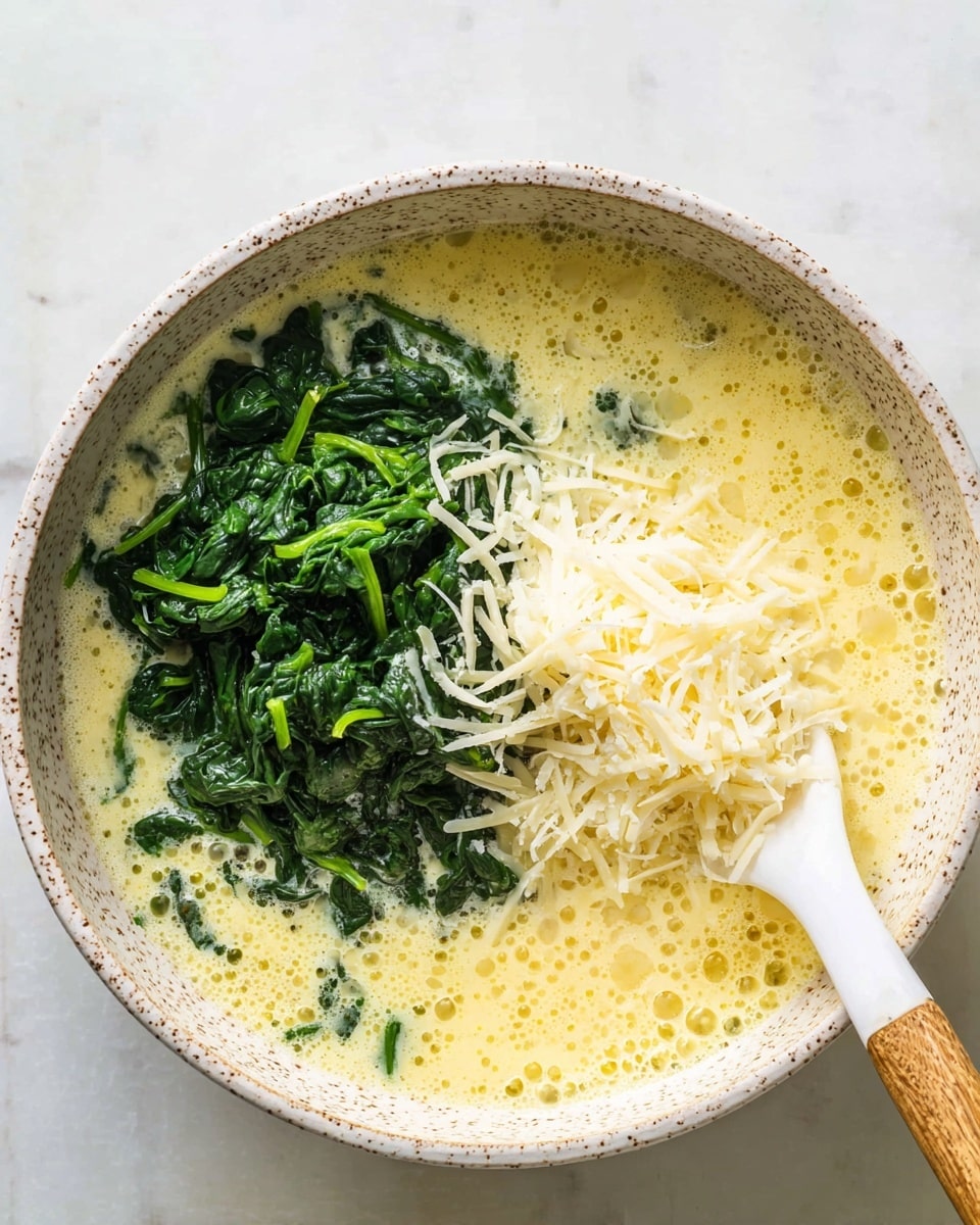 A white speckled bowl holds a creamy yellow liquid base with bubbles on the surface. On top of the base, there are two main layers: a heap of bright green cooked spinach on one side and a pile of shredded white cheese on the other side. A white spatula with a wooden handle rests inside the bowl next to the cheese. The bowl is set against a white marbled surface. photo taken with an iphone --ar 4:5 --v 7
