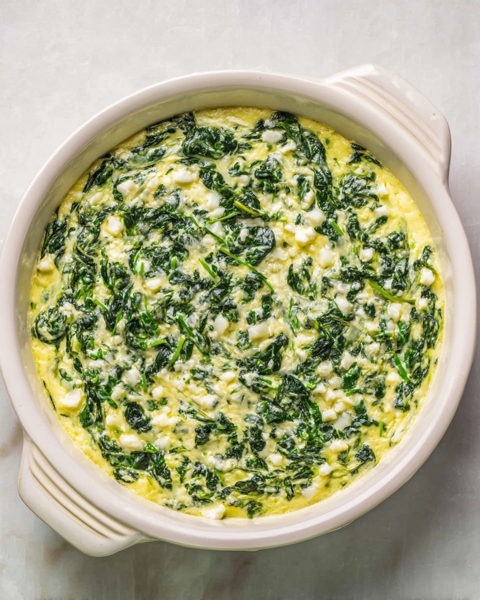 A close-up of a white round baking dish filled with a creamy spinach and cheese mixture. The top layer shows dark green cooked spinach leaves scattered evenly, mixed with small white cheese curds, all held together by a yellow creamy sauce. The dish has two handles on the sides and sits on a white marbled surface. The texture of the mixture looks smooth with bits of leafy spinach and cheese spread across the surface. Photo taken with an iphone --ar 4:5 --v 7