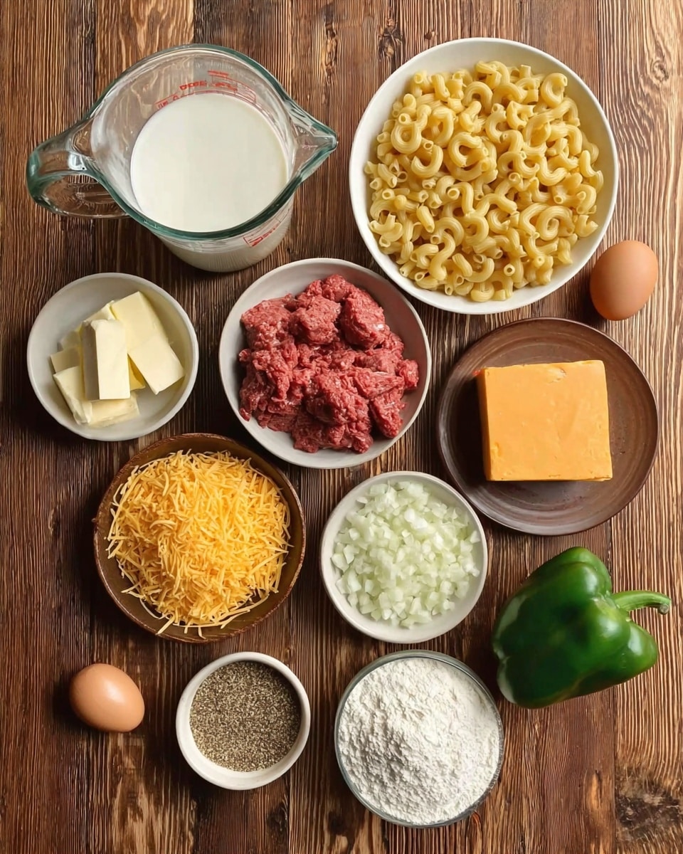 The image shows several small bowls and containers on a wooden surface with ingredients arranged neatly. At the top left, there is a clear glass measuring cup filled with milk. Next to it on the right is a white bowl filled with uncooked elbow macaroni pasta. Below the milk is a white bowl with raw diced red meat, and next to it to the right is a brown plate holding a single block of orange cheese. To the right of the cheese is a small white bowl containing chopped white onions. On the bottom left is a brown bowl with two sticks of butter, and in the center bottom is a white bowl filled with shredded cheddar cheese. Towards the right is a whole green bell pepper, and next to it on the far right is a small white bowl filled with white flour. There is also a small white bowl with mixed ground spices in front of the bell pepper. A single brown egg lies near the center behind the cheese. The wooden background has a warm tone and a visible grain. photo taken with an iphone --ar 4:5 --v 7