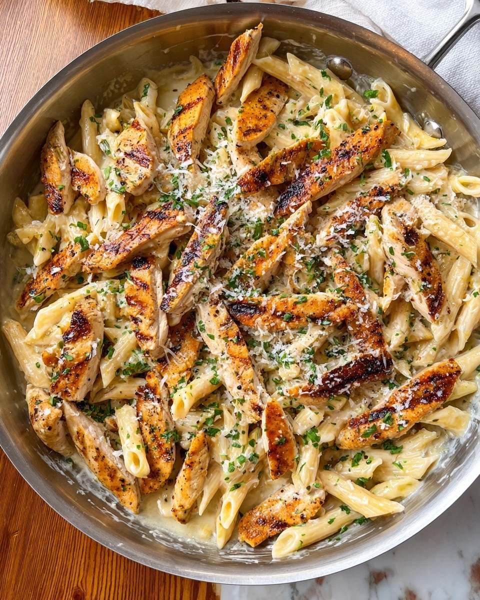 This image shows a close-up view of a large metal pan filled with creamy penne pasta and grilled chicken strips. The pasta is light yellow and coated in a smooth, creamy white sauce. On top and mixed in are many grilled chicken strips, which are golden brown with some darker grill marks and a slightly rough texture. The dish is sprinkled with green chopped herbs and finely grated white cheese, adding small specks of green and white throughout. The pan sits on a wooden table with a white marbled surface visible at the edge, and a white cloth is partially seen in the background. photo taken with an iphone --ar 4:5 --v 7