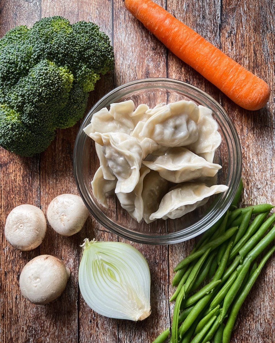 A clear glass bowl holds a pile of uncooked dumplings with light beige, smooth, and slightly wrinkled skins, positioned slightly off-center to the right. Surrounding the bowl on a rustic wooden surface are fresh vegetables arranged neatly: a vibrant green broccoli crown on the top left, a bright orange carrot lying vertically next to it, a single green onion with a white bulb at the bottom center, a fan-shaped white onion slice just below the bowl, a cluster of fresh green beans to the right of the onion, and a small group of white button mushrooms with smooth caps positioned along the bottom left. The wooden surface has a textured, worn look, adding rustic charm. Photo taken with an iphone --ar 4:5 --v 7