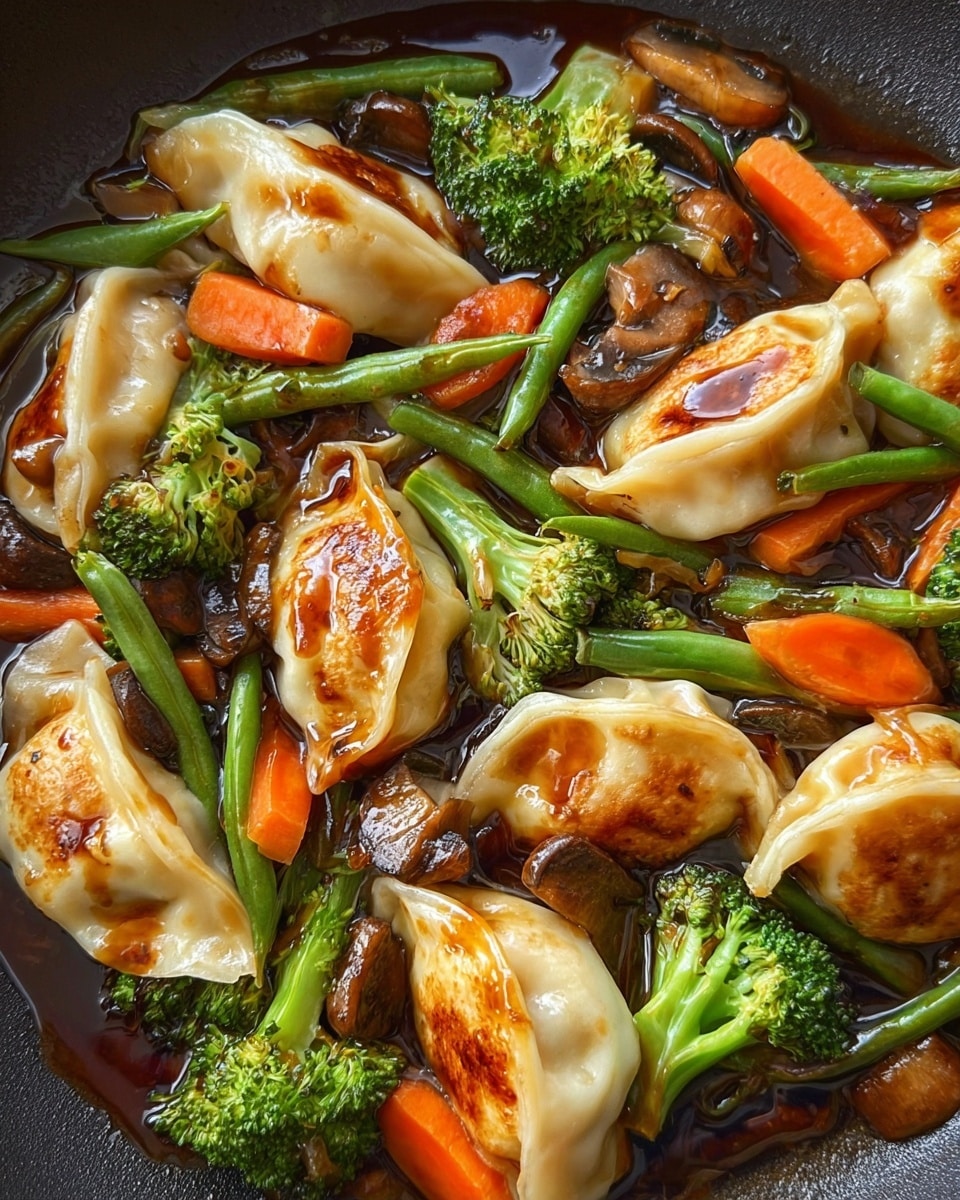 The dish shows multiple browned dumplings with a slightly shiny and soft texture, scattered among bright green broccoli florets, thin green beans, small orange carrot slices, and small brown mushroom pieces. A glossy dark brown sauce coats everything, creating a rich, moist look. The vegetables have a fresh and tender appearance, while the dumplings look cooked with light golden spots. The colors are vibrant with warm tones from the carrots and dumplings, balanced by the deep greens of the vegetables and the earthy browns of the mushrooms and sauce. photo taken with an iphone --ar 4:5 --v 7