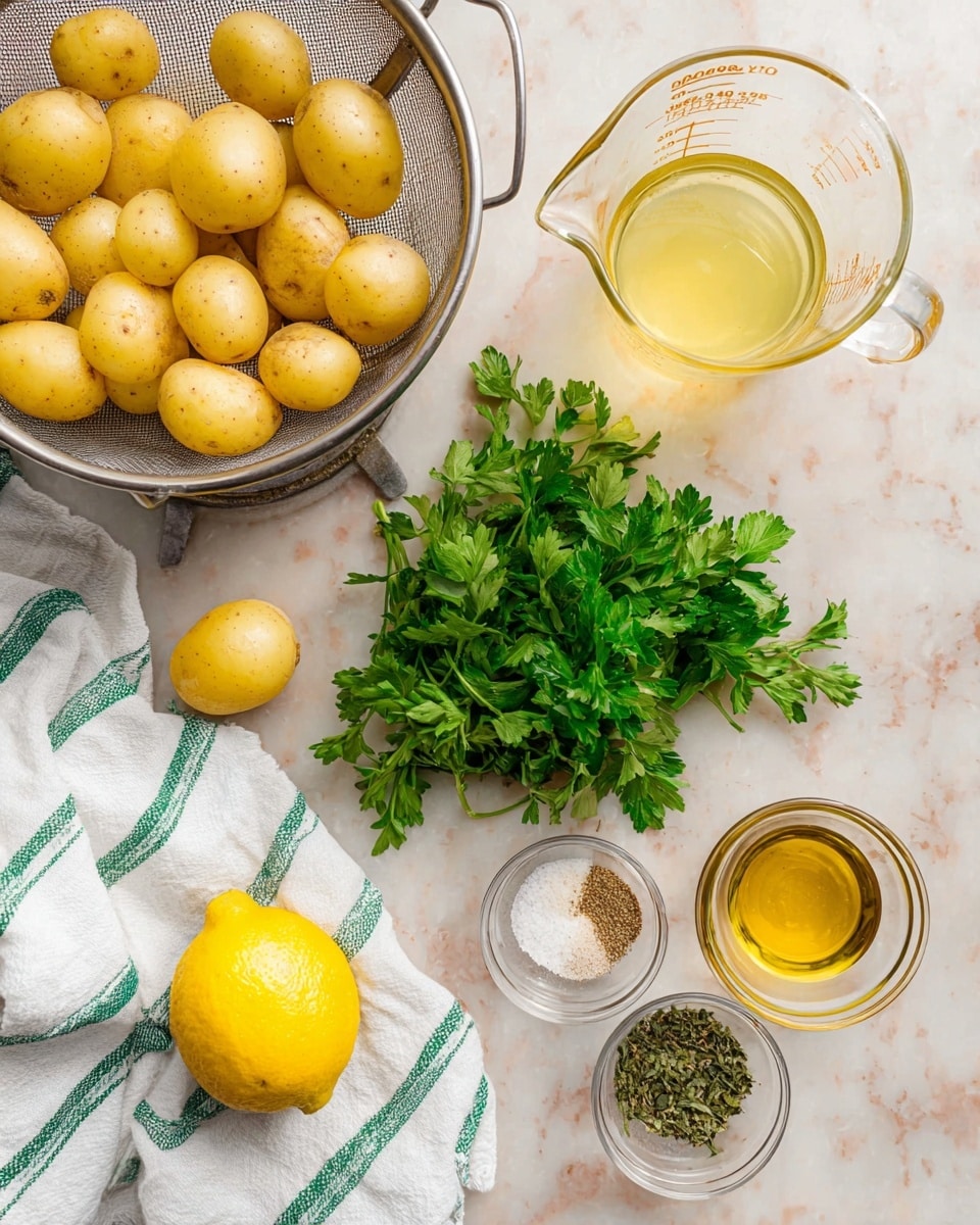 A collection of fresh ingredients arranged on a white marbled surface includes a metal colander filled with small yellow potatoes in the top left corner, with a few potatoes scattered nearby. Below the potatoes is a whole yellow lemon resting on a white cloth with green stripes. In the center right, a small bunch of bright green parsley leaves lies flat. To the upper right there is a glass measuring cup with a light yellow liquid, and below it another glass measuring cup with a golden liquid, possibly oil. Two small glass bowls hold seasonings — one with a mix of black pepper, garlic powder, and salt, and the other with dried green herbs. photo taken with an iphone --ar 4:5 --v 7