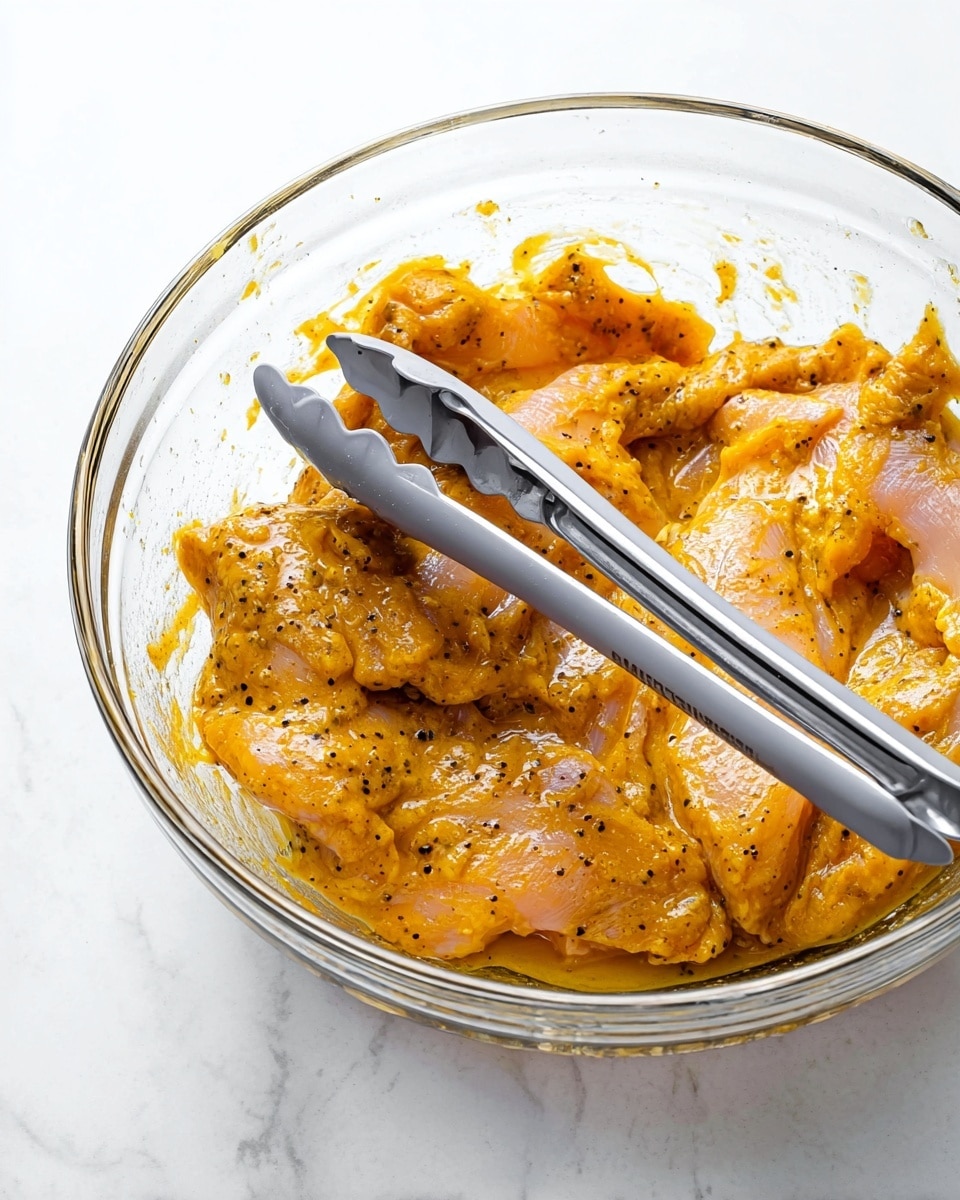 A clear glass bowl holds pieces of raw chicken coated in a thick, yellow-orange marinade with visible black pepper specks. The chicken skin is smooth and shiny under the marinade, and the pieces are layered unevenly inside the bowl. On top of the chicken rests a pair of metal tongs with gray silicone tips, positioned diagonally across the bowl. The bowl sits on a white marbled surface, giving a clean and bright look to the setting. photo taken with an iphone --ar 4:5 --v 7