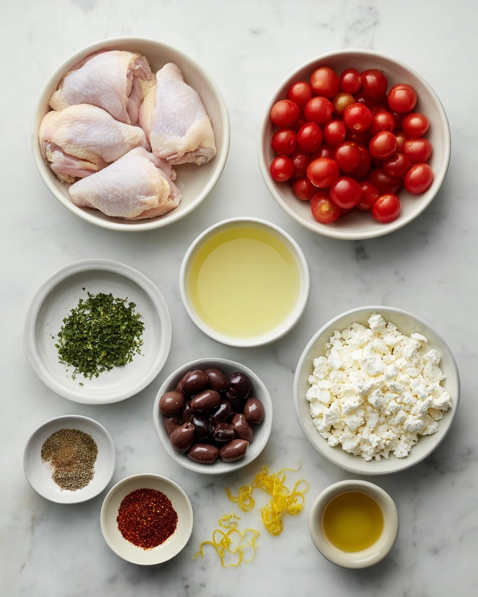 The image shows nine white bowls arranged on a white marbled surface, containing various ingredients. In the top left, a large bowl holds three whole raw chicken pieces with a pale pink color. Below that, a large bowl is filled with halved bright red cherry tomatoes. In the center, a medium bowl contains a light yellow liquid, likely broth. Just below it, a small bowl has chopped green herbs. To the right of the herbs, a large bowl is full of white crumbly cheese. Above that, a medium bowl has dark sliced olives. Next to the olives, a small bowl is filled with ground black pepper and red paprika. To the left of the paprika bowl, a small bowl contains minced garlic. Above the broth, a very small bowl holds golden yellow olive oil, and a small pile of lemon zest is sprinkled on the surface below it. photo taken with an iphone --ar 4:5 --v 7