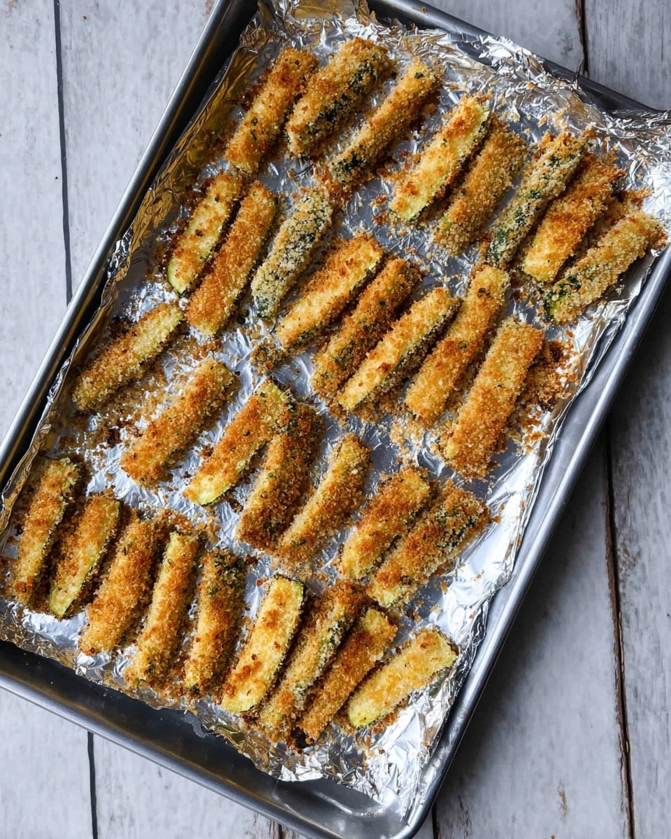 The image shows a silver baking tray covered with foil holding multiple golden-brown zucchini sticks arranged in neat rows. Each zucchini stick has a crispy, crumbly coating that is toasted evenly, with some dark brown spots showing a crunchy texture. The zucchini inside is a soft green color, slightly visible through the coating. The tray is placed on a white marbled surface, creating a clean and simple background. photo taken with an iphone --ar 4:5 --v 7