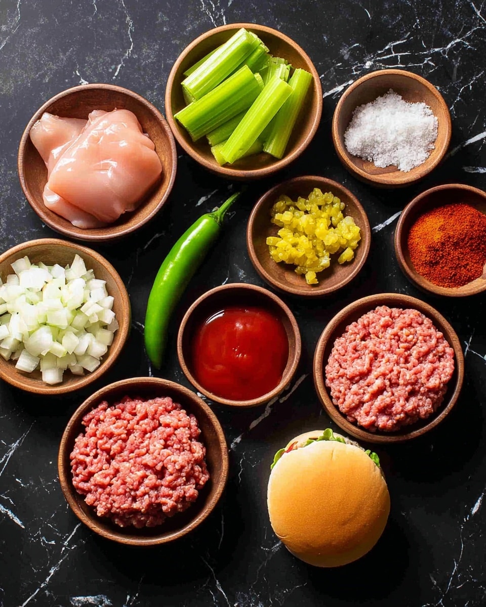 The image shows ingredients neatly arranged on a black surface with a white marbled texture. There are multiple small round wooden bowls filled with different items: pinkish-white beans, bright red powder, green celery sticks, white diced onions, red ketchup, and small yellow pieces. In the middle is a whole green chili pepper. To the right, there are two small toasted sandwich buns, each topped with two layers of finely ground red meat. Next to them is the sandwich top bun, plain and round, ready to be placed on top. photo taken with an iphone --ar 4:5 --v 7