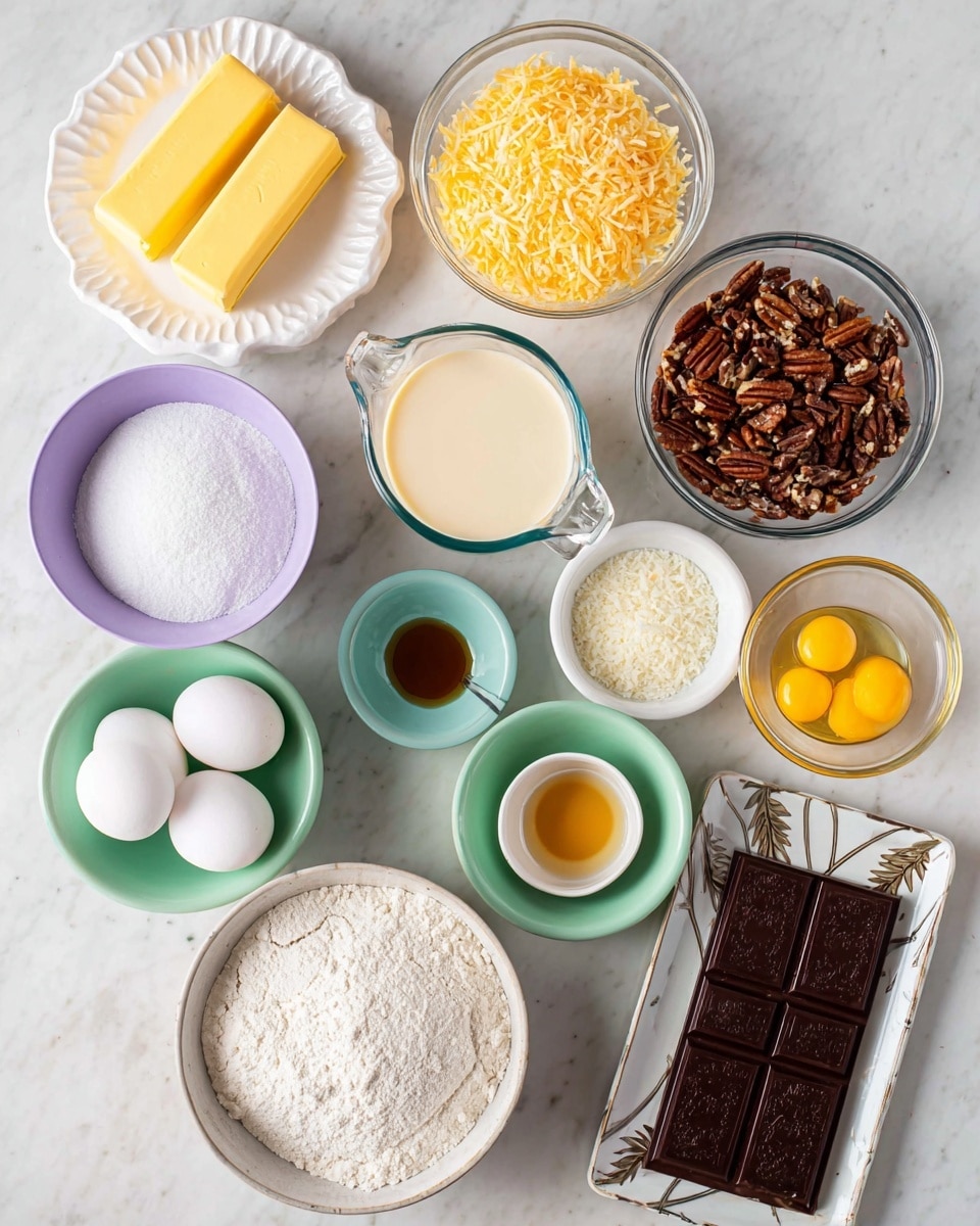The image shows several small bowls and plates with baking ingredients on a white marbled surface. At the top left, two yellow sticks of butter sit on a small white plate with raised edges. To the right, a clear glass bowl holds shredded toasted coconut, golden brown in color. Below it, another clear glass bowl is filled with chopped pecans, dark brown with some lighter pieces. In the center, a purple bowl holds four white eggs. Below it and slightly to the left, a large white speckled bowl is full of white sugar. Next to that is a glass measuring cup filled with light beige liquid, possibly condensed milk. In front of it, a small green bowl has a pinch of salt, and another small green bowl holds a small amount of brown vanilla extract. To the right, a light blue bowl contains white flour. A small white bowl holds three bright yellow egg yolks, while a small white bowl nearby is filled with dark chocolate disks. On the bottom right, a rectangular white speckled plate displays a large dark brown chocolate bar with a leaf pattern. Photo taken with an iphone --ar 4:5 --v 7