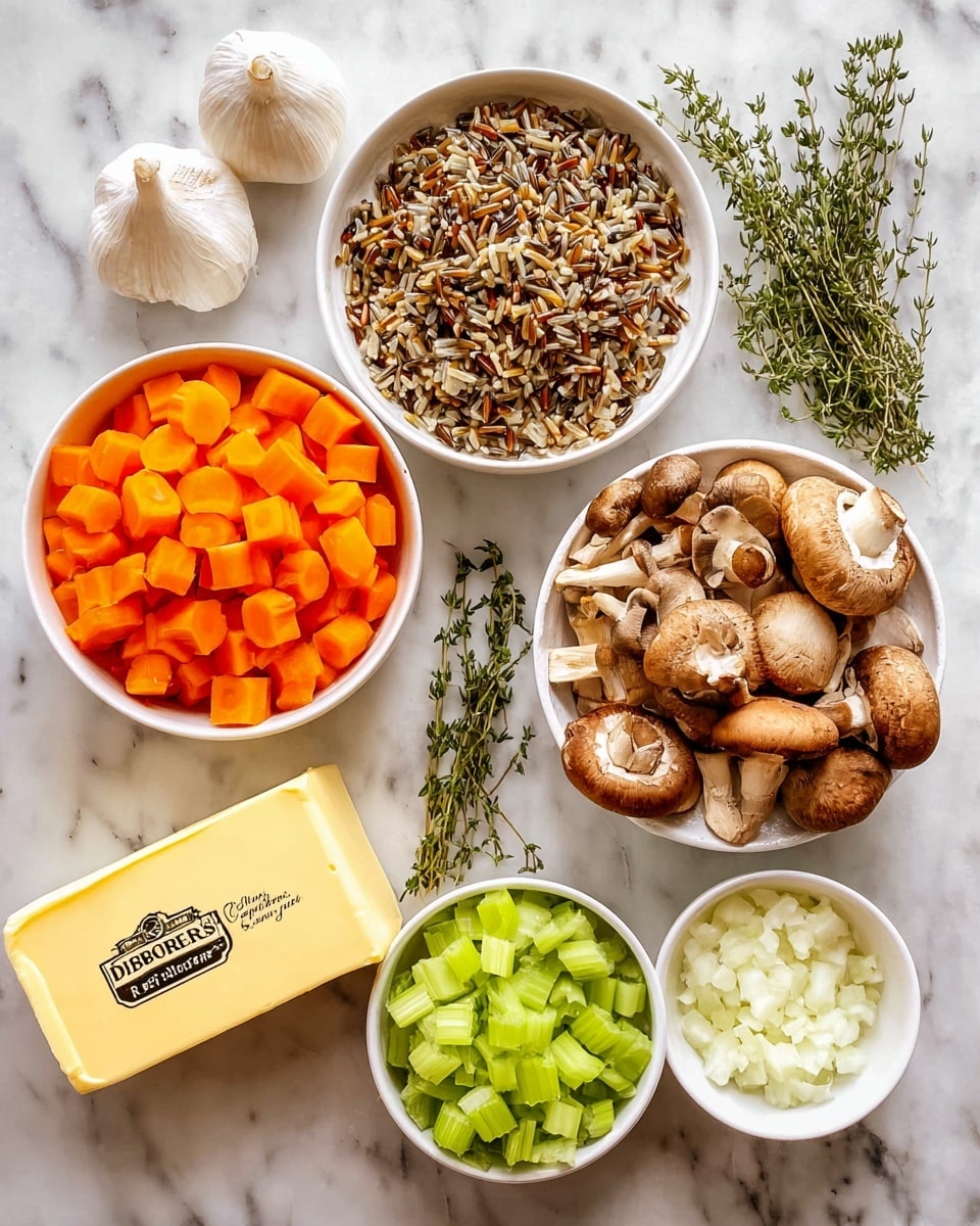 The image shows ingredients arranged neatly on a white marbled surface, featuring one white bowl filled with diced orange carrots at the top left, one white bowl with mixed wild rice to the right center, and one white bowl holding chopped green celery below the carrot bowl. Near the bottom right, there is a small bowl with chopped white onions. To the right top, a larger white bowl holds a mix of different mushrooms with varying brown and cream textures. Positioned centrally are a block of yellow butter in front of a yellow and cream box labeled Danish Creamery Premium Butter, with a whole garlic bulb below and several sprigs of fresh green thyme scattered around the bowls. Photo taken with an iphone --ar 4:5 --v 7