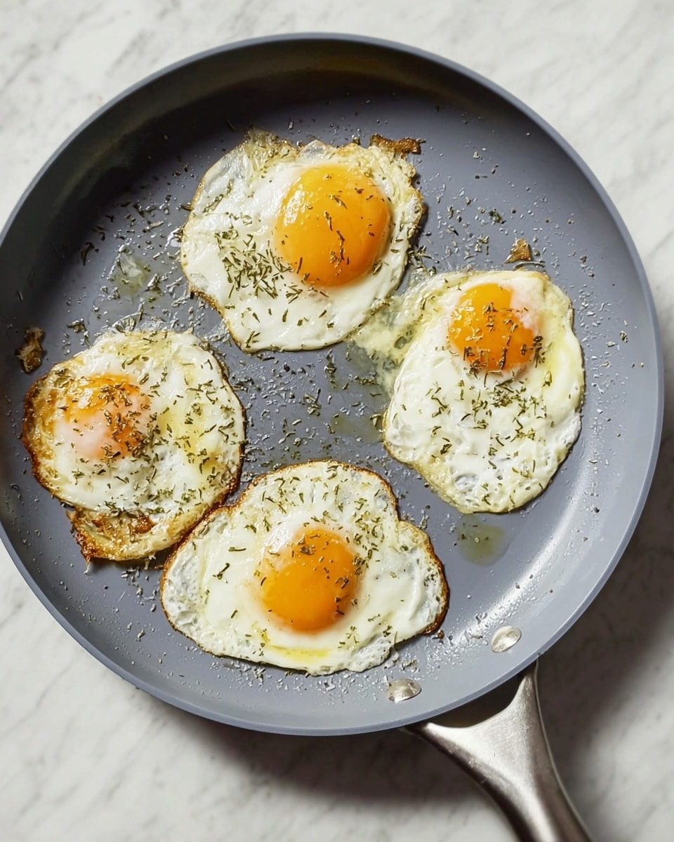Four fried eggs with slightly runny yolks sit in a gray frying pan sprinkled with herbs and small drops of oil. Each egg has a white, cooked layer with a yellow-orange yolk in the center or slightly off-center. The texture of the egg whites is soft with some browned edges, and the herbs add a touch of green and brown scattered on top. The pan handle extends to the right side, and the pan is placed on a white marbled surface. photo taken with an iphone --ar 4:5 --v 7