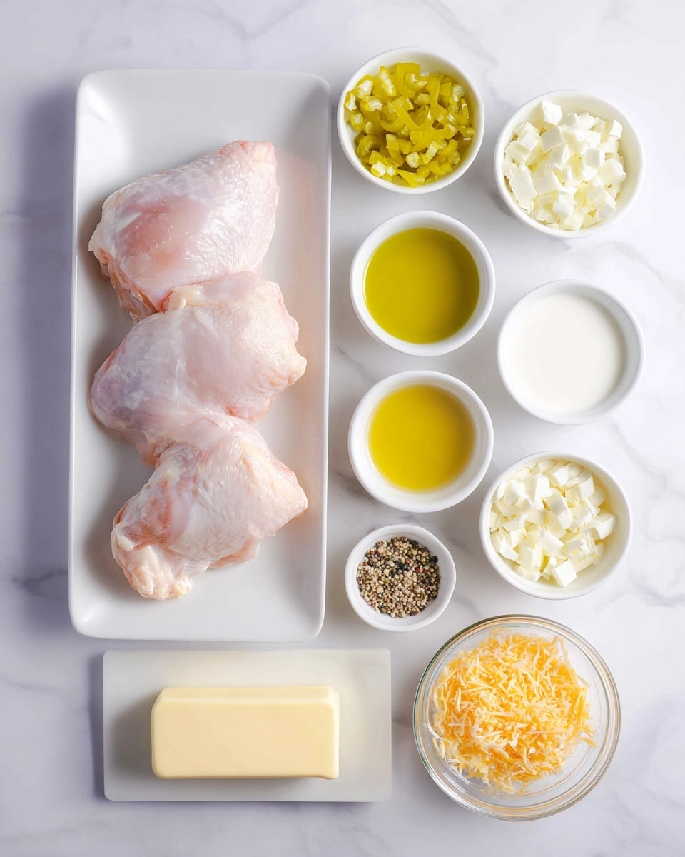 The image shows a top view of ingredients arranged on a white marbled surface. In the top center, there are two raw chicken pieces on a white rectangular plate with a smooth texture and pale pink color. Below this plate, six small white bowls are neatly placed: the top row has finely sliced yellow-green peppers on the left, golden yellow olive oil in the middle, and white cream on the right. The bottom row has small white cheese cubes on the left, a glass bowl of shredded light yellow cheese in the middle, and a small amount of orange minced garlic on the right. Below these bowls, there is a small white square dish with mixed black and white pepper and salt on the left and next to it is a stick of butter wrapped in paper labeled