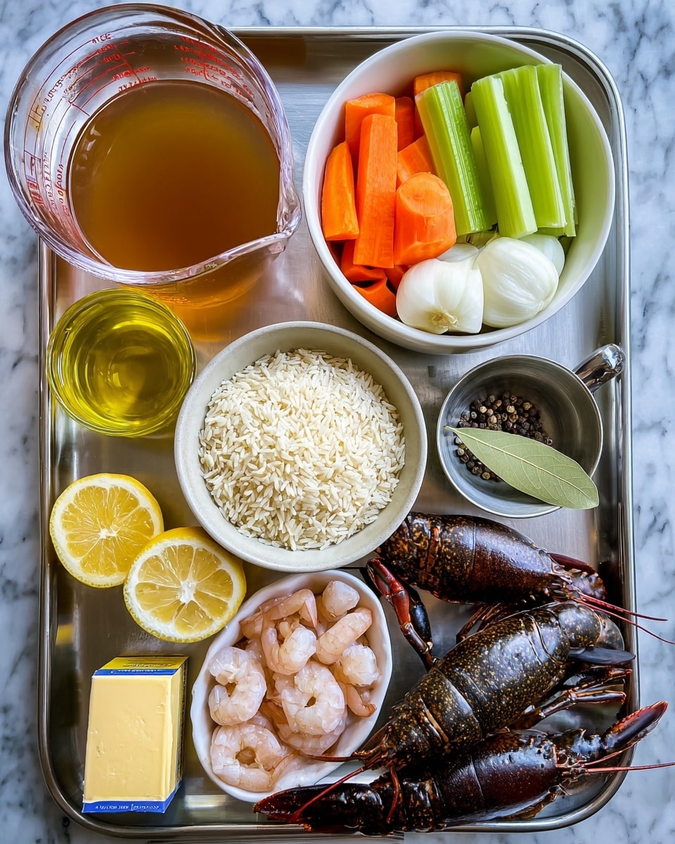 The image shows various ingredients arranged neatly on a silver tray with a white marbled surface underneath. There is a clear glass measuring cup filled with brownish liquid at the top left. Next to it on the right, a white bowl holds several celery sticks, orange carrot pieces, and white onion chunks. Below this bowl, there are two lemon halves placed side by side. To the right of the lemon, a small silver cup contains a bay leaf and peppercorns. Below that, there is a small yellow box of butter. In front, a white bowl contains two dark brown lobster tails and a pile of peeled shrimp. To the left of this bowl, another white bowl is filled with short-grain white rice. Below the rice bowl, there is a block of yellow cheese, possibly Parmesan. A small glass container with light yellow liquid, likely oil, sits at the bottom left corner of the tray. The photo taken with an iphone --ar 4:5 --v 7