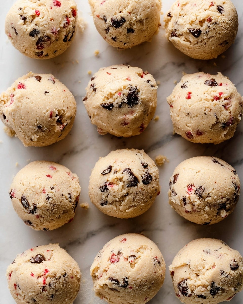 The image shows twelve round balls of cookie dough placed closely in a 3 by 4 grid on a white marbled surface. Each ball is light beige in color with visible dark chocolate chunks and small red pieces mixed inside, giving a speckled look. The texture of the dough appears soft and crumbly with some small crumbs around the balls. The cookie dough balls are slightly uneven but mostly uniform in size and shape. photo taken with an iphone --ar 4:5 --v 7