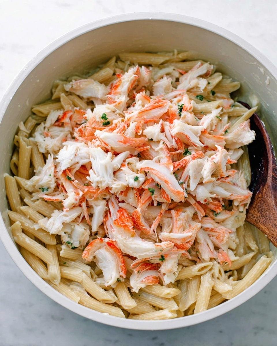 A white bowl shows a creamy pasta base made of pale beige penne noodles coated in a light sauce, filling the bottom layer. On top, there is a generous pile of shredded crab meat with white and bright orange pieces scattered unevenly over the noodles. A spatula with a wooden handle is resting inside the bowl to the right. The bowl is set on a white marbled surface. photo taken with an iphone --ar 4:5 --v 7