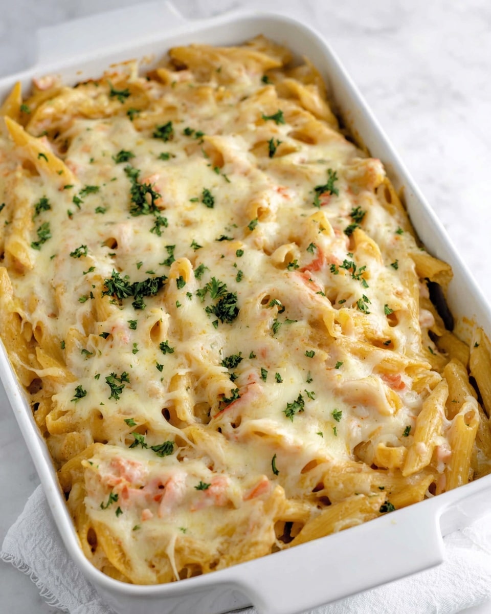 A white rectangular baking dish filled with a pasta bake made of penne pasta layered in a creamy sauce mixed with small bits of light pink pieces. The top layer is covered with melted off-white cheese that looks gooey and stretchy, sprinkled with small green parsley leaves all over for color. The dish rests on a white marbled surface with a white cloth napkin partially visible underneath. Photo taken with an iphone --ar 4:5 --v 7