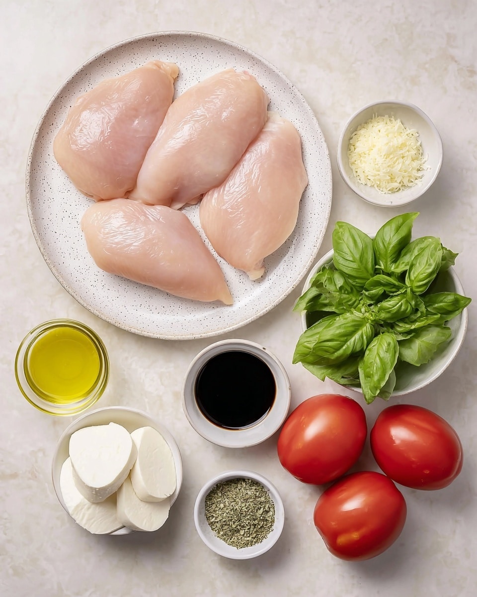 The image shows four raw pale pink chicken pieces neatly placed on a white plate with a subtle speckled design, positioned at the top center. Surrounding the plate are fresh bright green basil leaves in a small white bowl to the right below the plate, adjacent to two smooth, red tomatoes on a white marbled surface on the right. Below the basil are two small white bowls filled with dark glossy balsamic vinegar. To the left, a white bowl holds slices of fresh creamy white mozzarella. Small white dishes contain minced pale yellow garlic and mixed dried herbs, and another small bowl has salt and ground black pepper, all arranged neatly. A small cup filled with light yellow olive oil sits at the bottom left. The overall scene is bright and clean with ingredients laid out for preparation, photo taken with an iphone --ar 4:5 --v 7