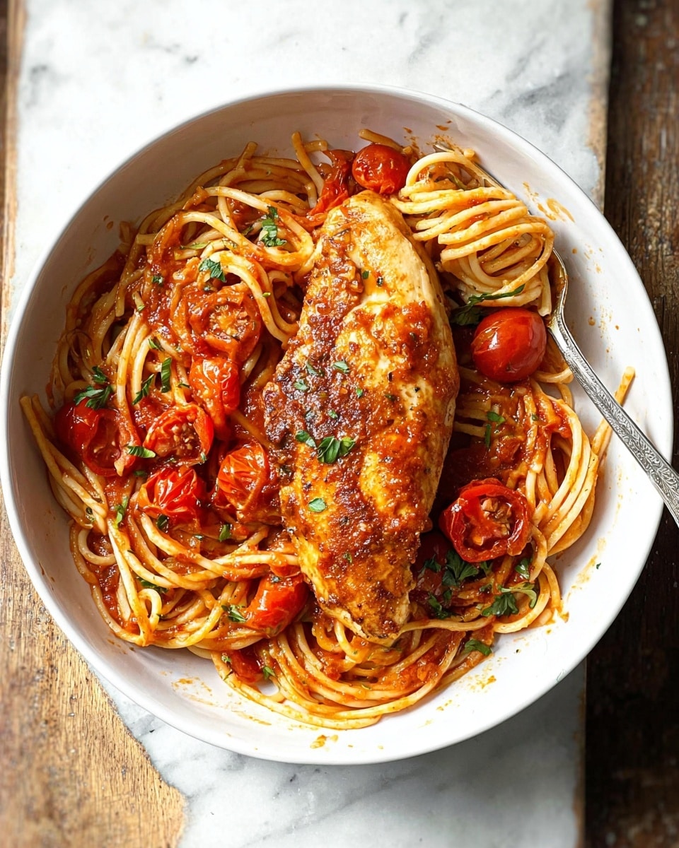 A white bowl sits on a white marbled surface, filled with thick spaghetti noodles mixed with a rich red tomato sauce. On top of the noodles is a large, browned chicken fillet with a slightly crispy texture. Around the chicken, bright red cherry tomatoes and bits of fresh green herbs add color contrast. The sauce looks smooth with some small tomato pieces, slightly coating the noodles. A silver fork is placed at the side inside the bowl, with some noodles twirling around it. The overall dish looks warm and fresh, showing a glossy shine on the tomatoes and chicken. photo taken with an iphone --ar 4:5 --v 7