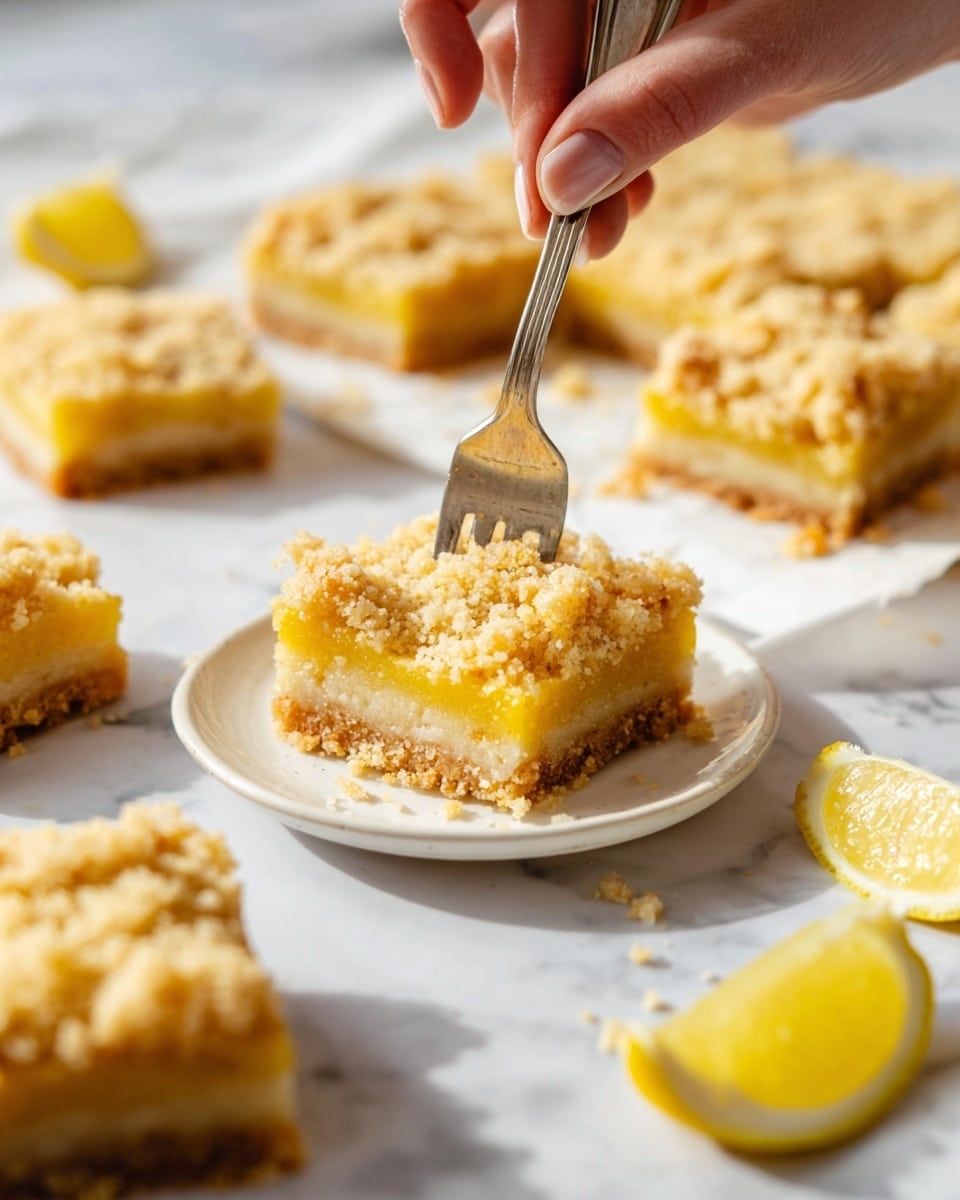 The image shows multiple square lemon bars with three layers: a light golden brown crumbly crust at the bottom, a bright yellow lemon filling in the middle, and a pale crumbly topping on top. One piece is on a small white plate in the center, with a silver fork held by a woman's hand pressing gently into the crumbly topping. Around the plate, more lemon bars are scattered on a surface with white marbled texture, along with some small lemon wedges on the side. The lighting is bright and natural, highlighting the soft textures and yellow colors. photo taken with an iphone --ar 4:5 --v 7