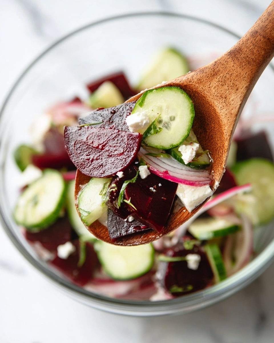 A close-up image of a fresh salad being lifted by a wooden spoon above a clear glass bowl on a white marbled surface. The salad has three main layers: dark red beet slices with a smooth texture, thin round cucumber slices showing a light and dark green pattern, and thin pale purple onion slices. Small white cheese cubes and tiny green herb sprigs are scattered throughout, adding dimension and color contrast. The wooden spoon is visible holding a mix of these layers, showing their freshness and texture clearly. Photo taken with an iphone --ar 4:5 --v 7